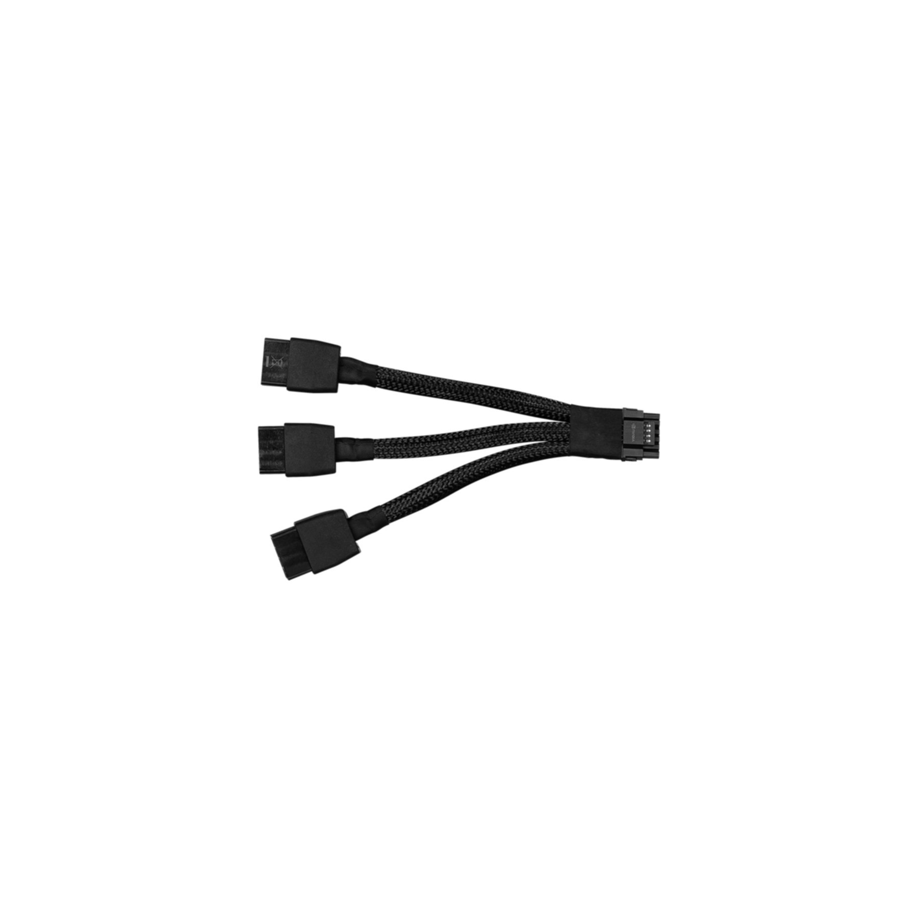 Un cavo splitter a Y nero. Ha un connettore e due connettori.