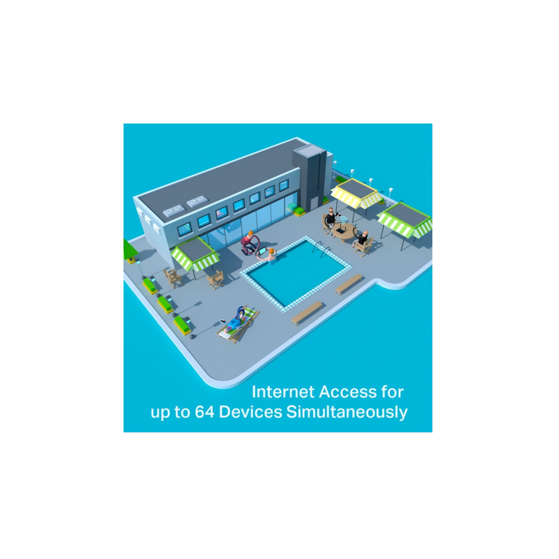 Zilustrowana scena basenu ośrodka z tekstem: Dostęp do Internetu dla maksymalnie 64 urządzeń.
