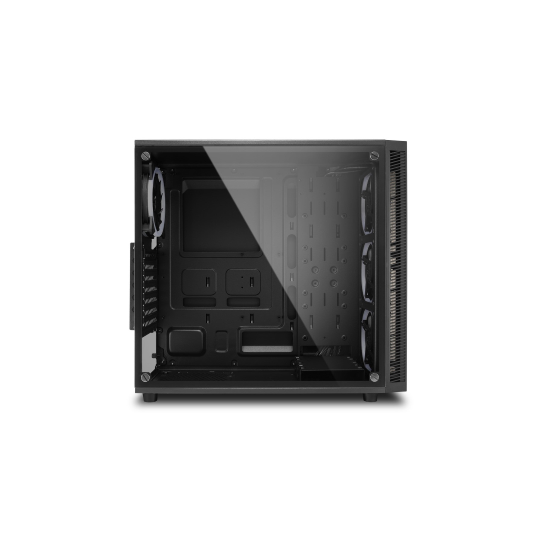 Case per computer nero con pannello laterale trasparente. L'interno è visibile.