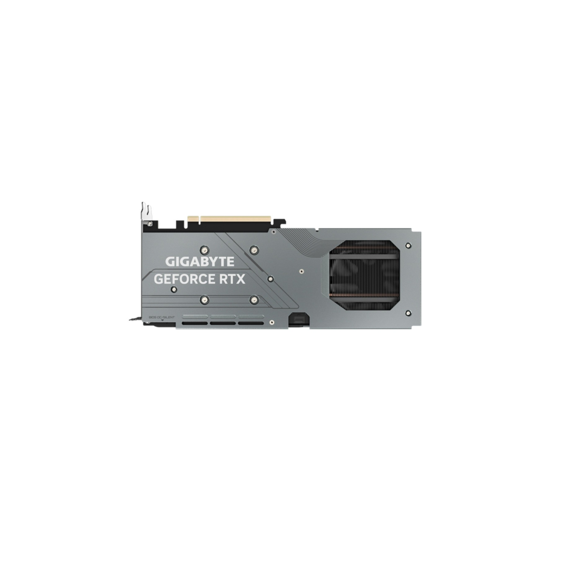 Silberne und graue Gigabyte Geforce RTX Grafikkarte. Die Karte hat mehrere Anschlüsse und Lüfter.