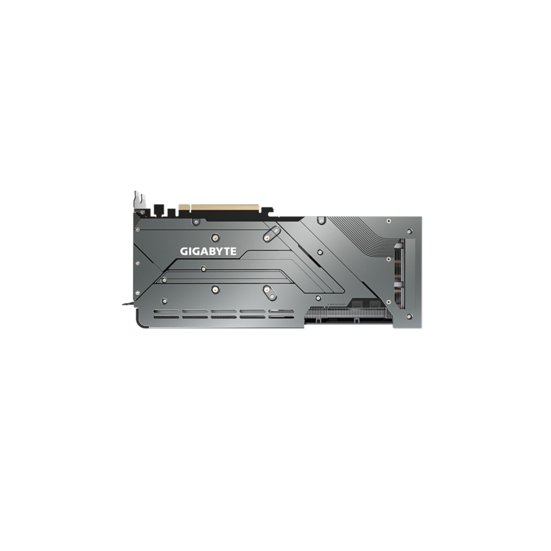 Eine silberne Gigabyte-Grafikkarte, die Rückseite mit dem Gigabyte-Logo zeigend.