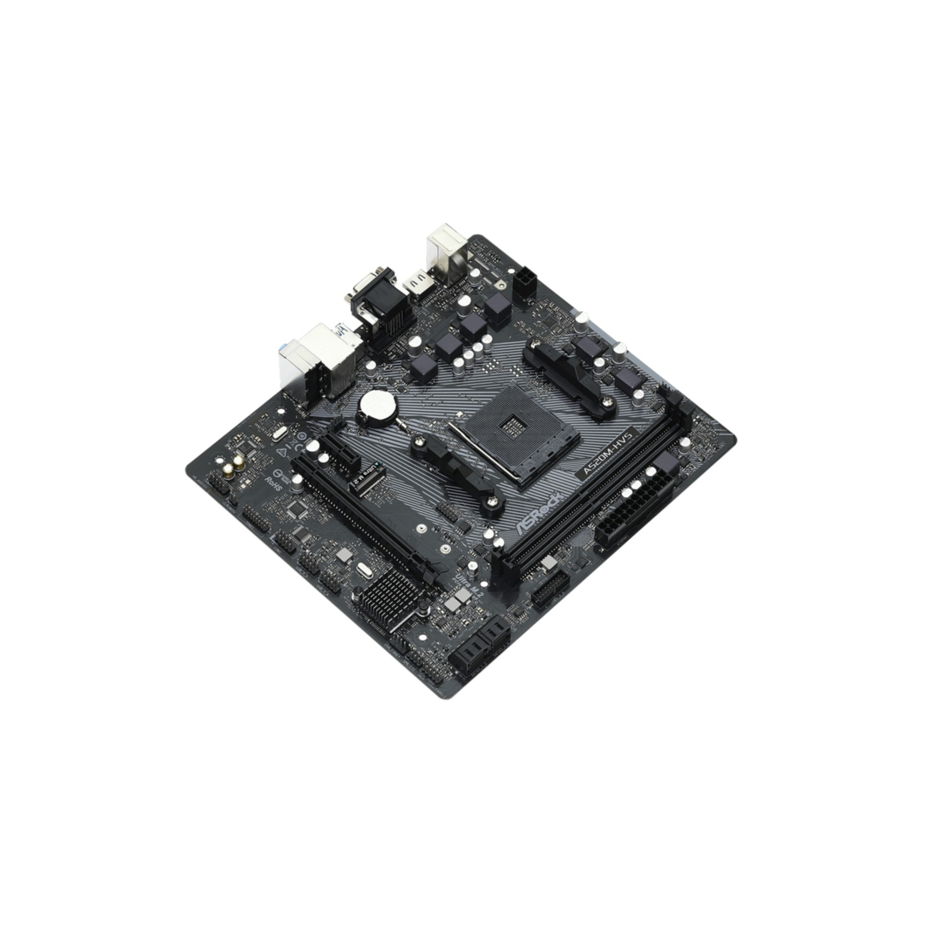 Czarna płyta główna PC, widok z góry. Widocznych wiele elementów. Białe tło.