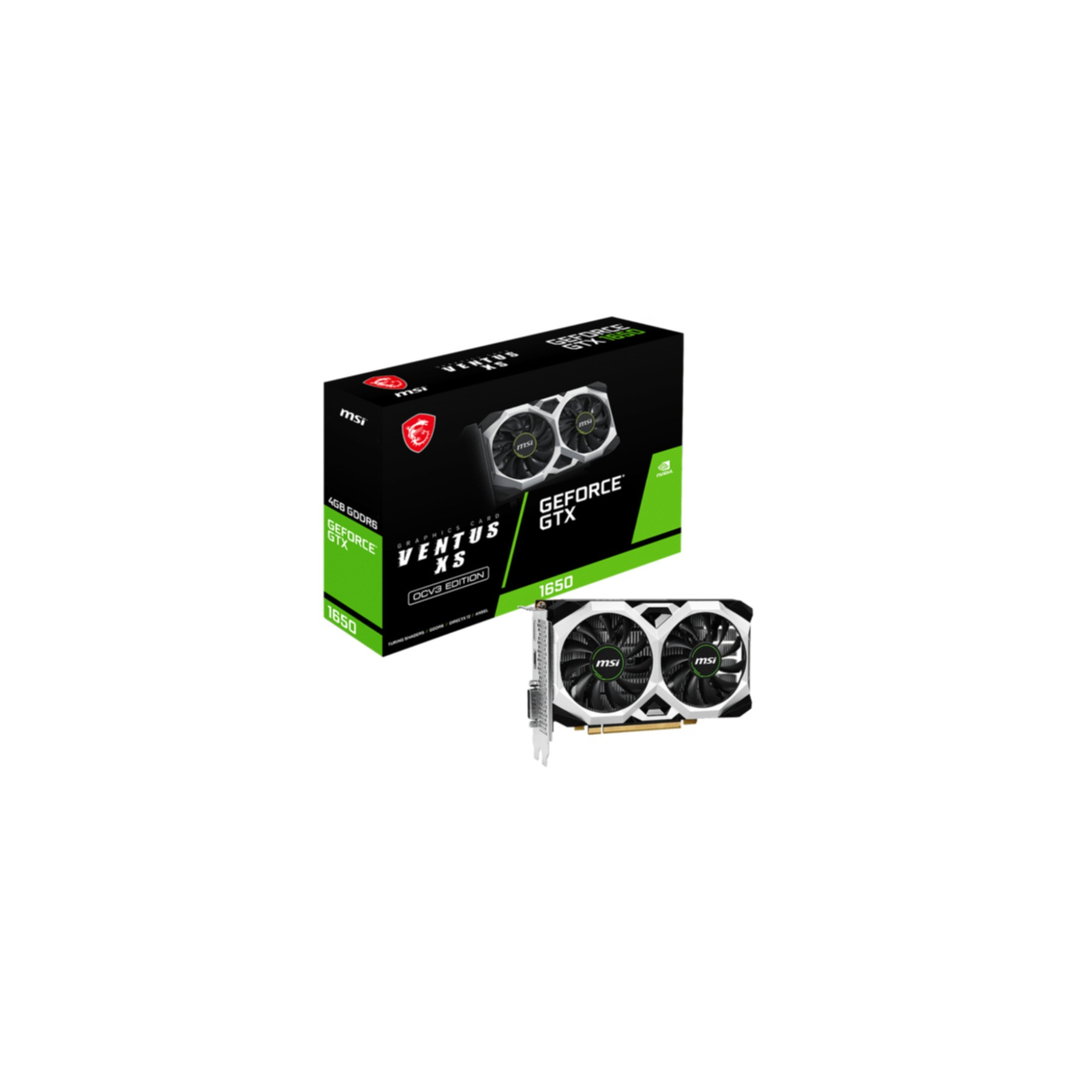 Scheda grafica MSI GeForce GTX 1650 e la sua scatola su sfondo bianco. La scheda è bianca e nera.