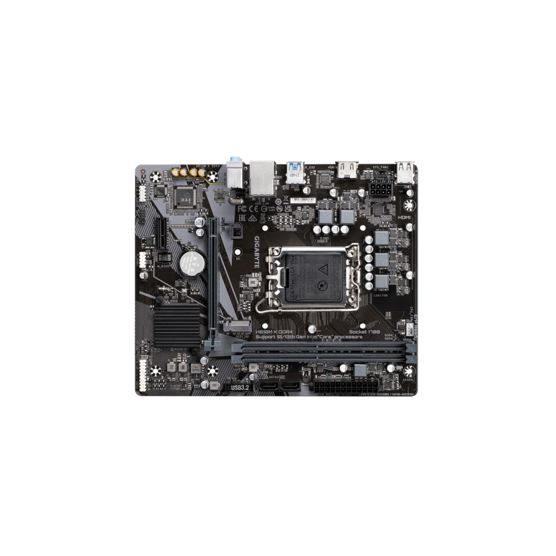 Czarna i szara płyta główna. Widoczne różne porty i chipy. Białe tło.