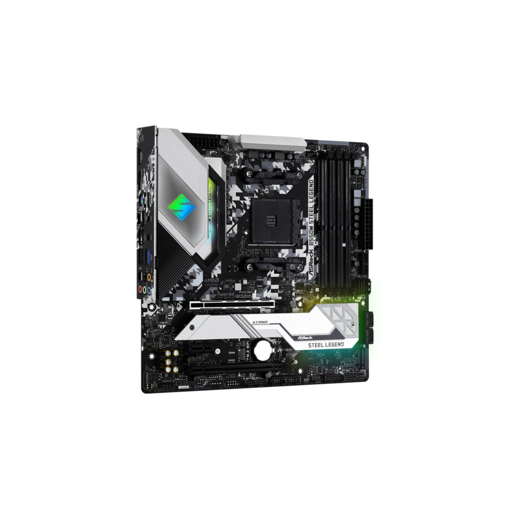 Placa base negra y plateada con detalles blancos y una tira LED colorida.