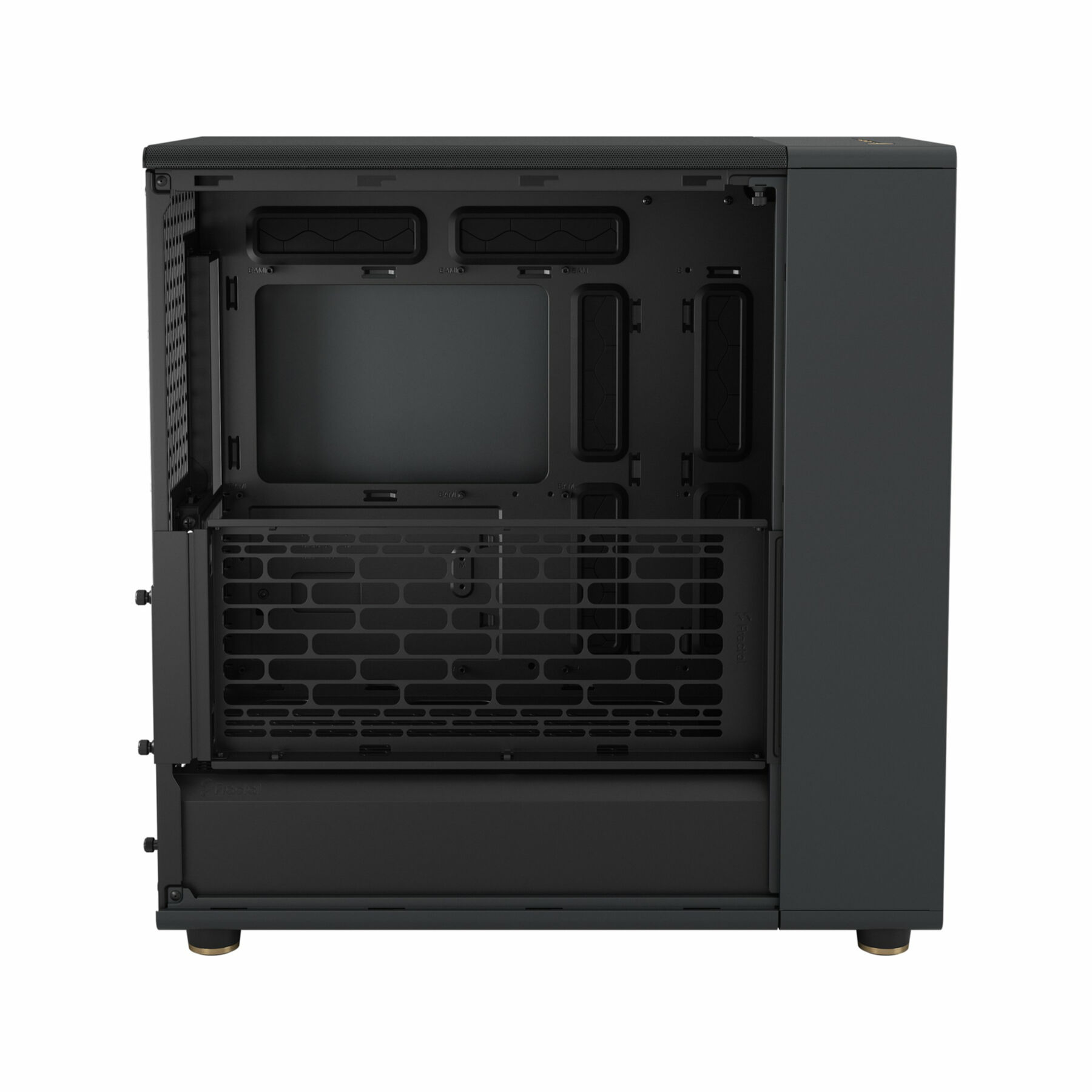 Computer case interior. Empty, with space for components. Dark gray color.