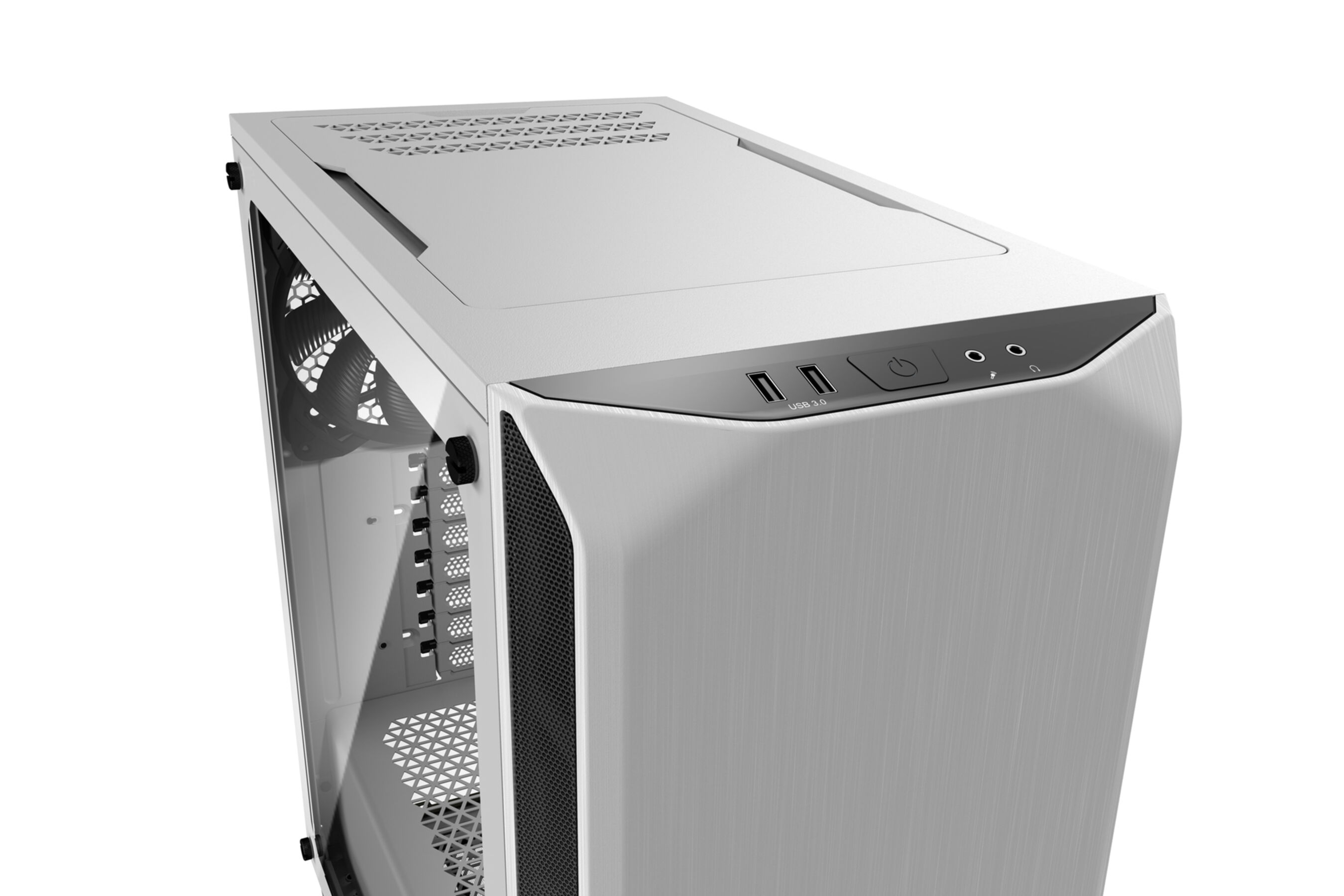 Ein weißes Computergehäuse mit transparentem Seitenteil auf weißem Hintergrund.