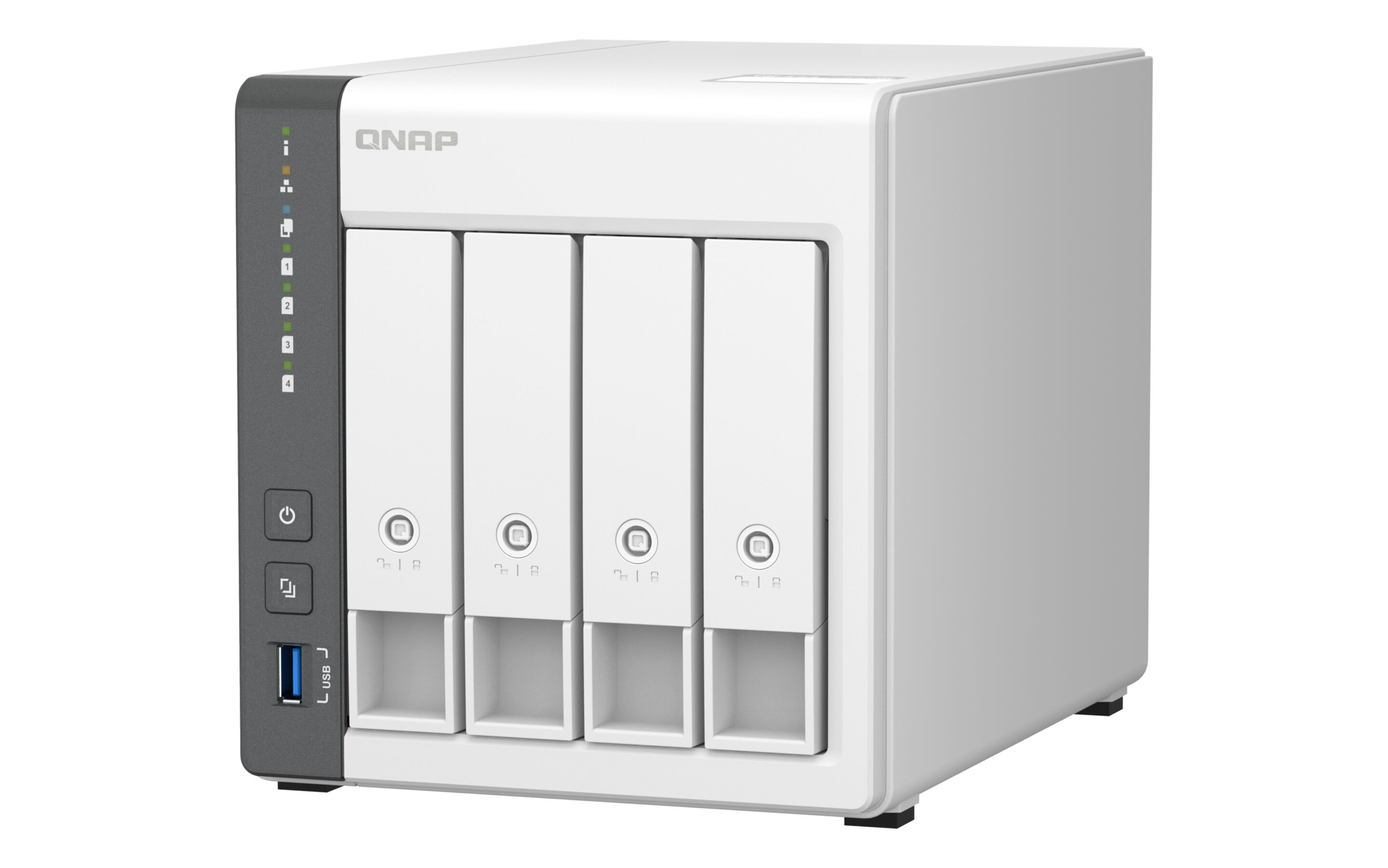 Weißer QNAP NAS-Server mit vier Laufwerksschächten und einer dunkelgrauen Frontblende.