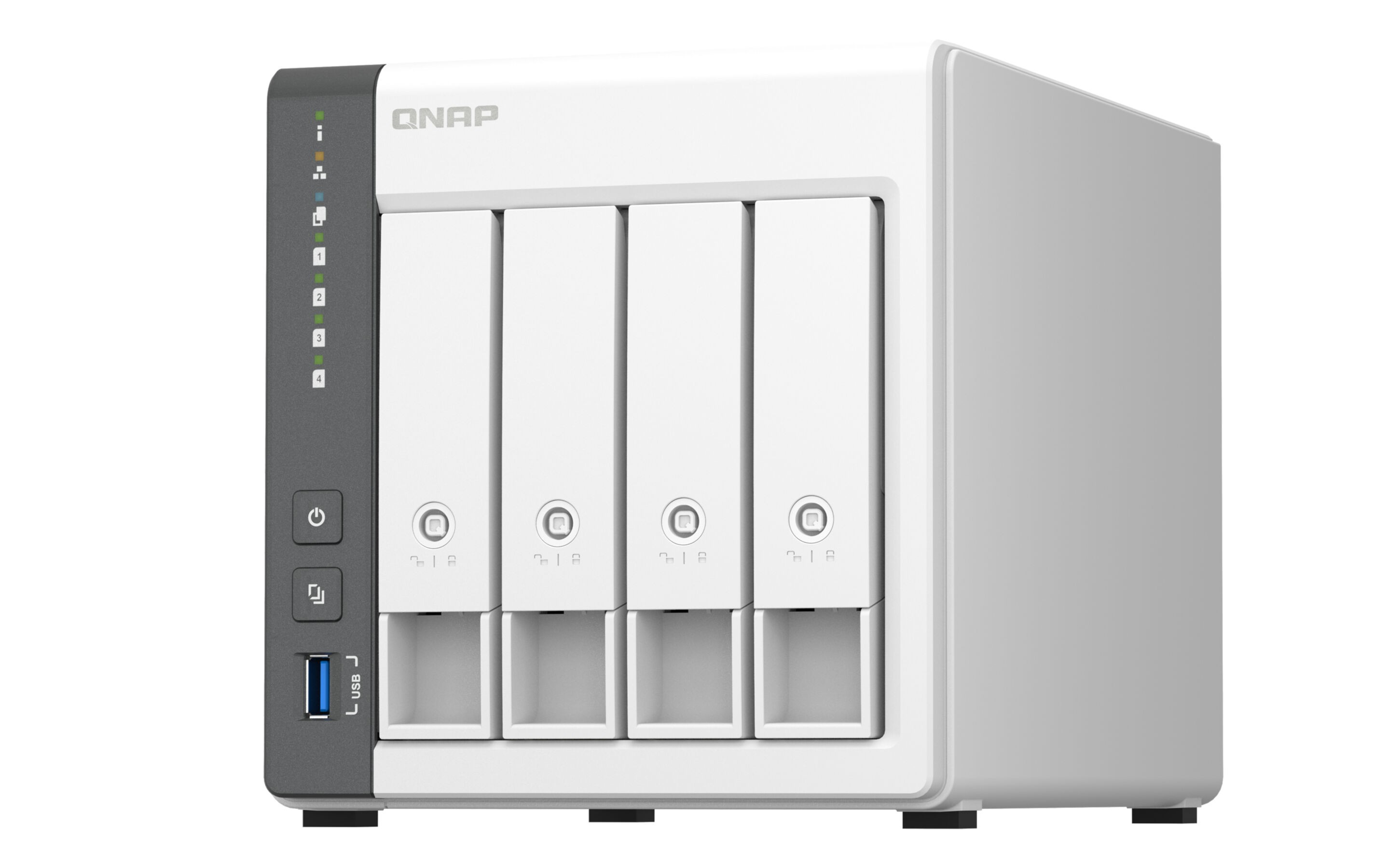 Ein weißer QNAP NAS-Server mit vier Einschüben und einer grauen Seitenwand wird angezeigt.