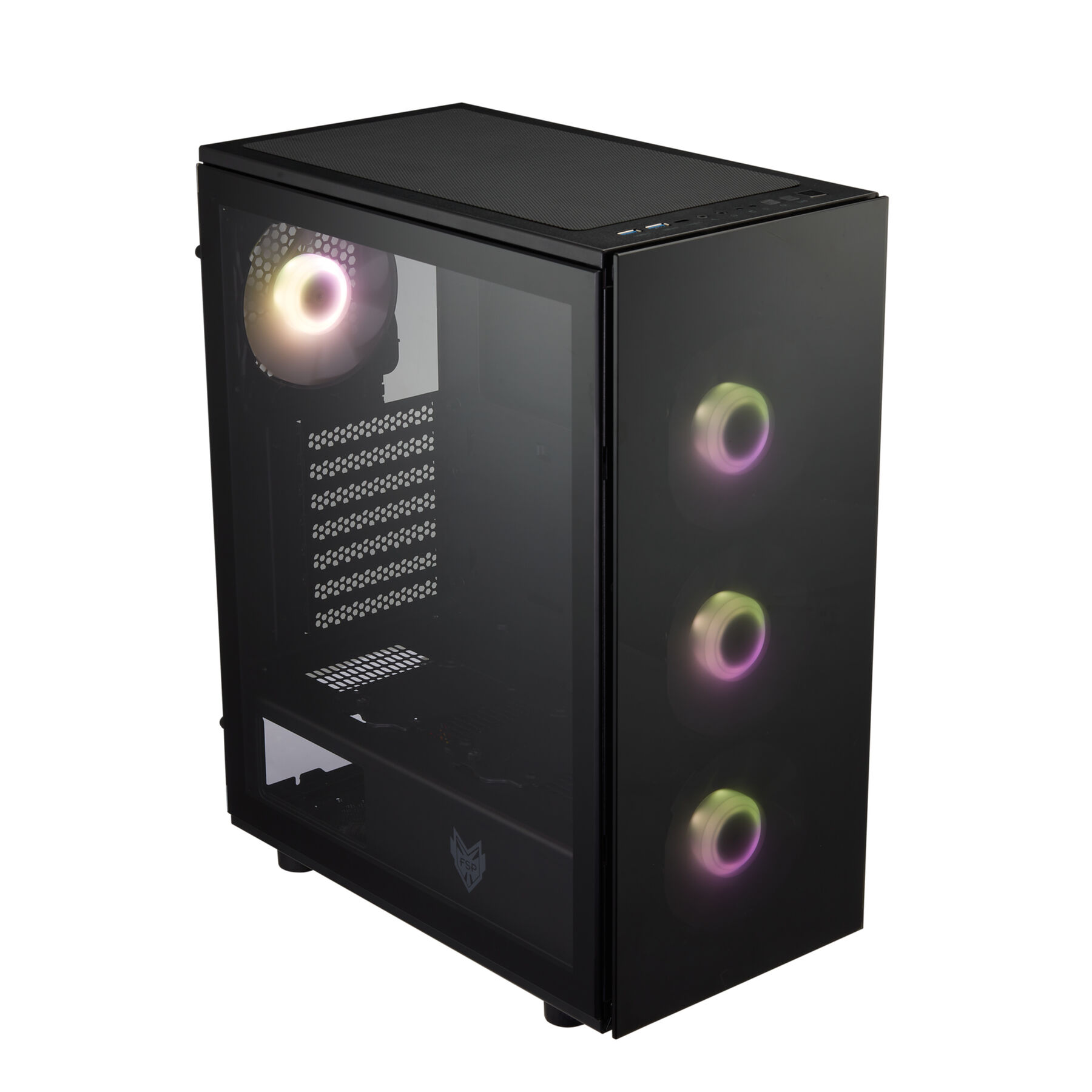 Un case per computer nero con tre ventole illuminate visibili attraverso un pannello laterale in vetro.