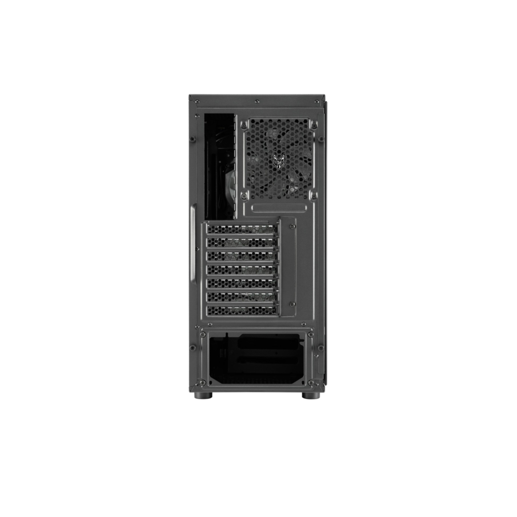 Vista posteriore di un case per computer nero con ventola e porte.