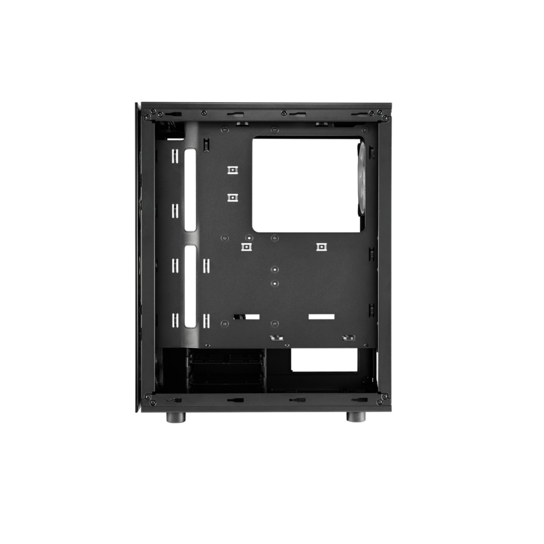 Interno di un case per computer vuoto in nero con diversi punti di montaggio e fori.
