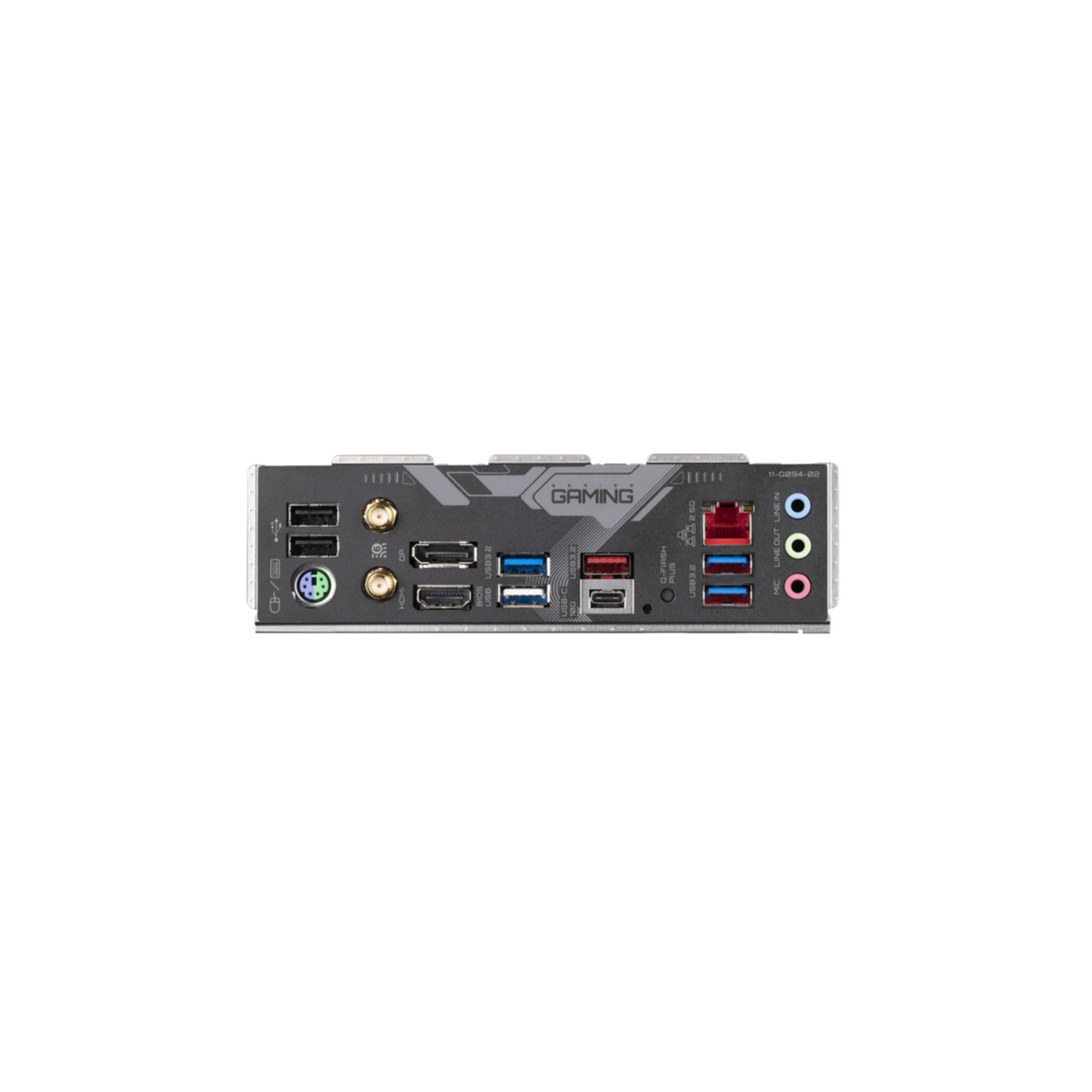 Panel tylny czarnej płyty głównej, z różnymi portami i złączami. Widoczne słowo GAMING.