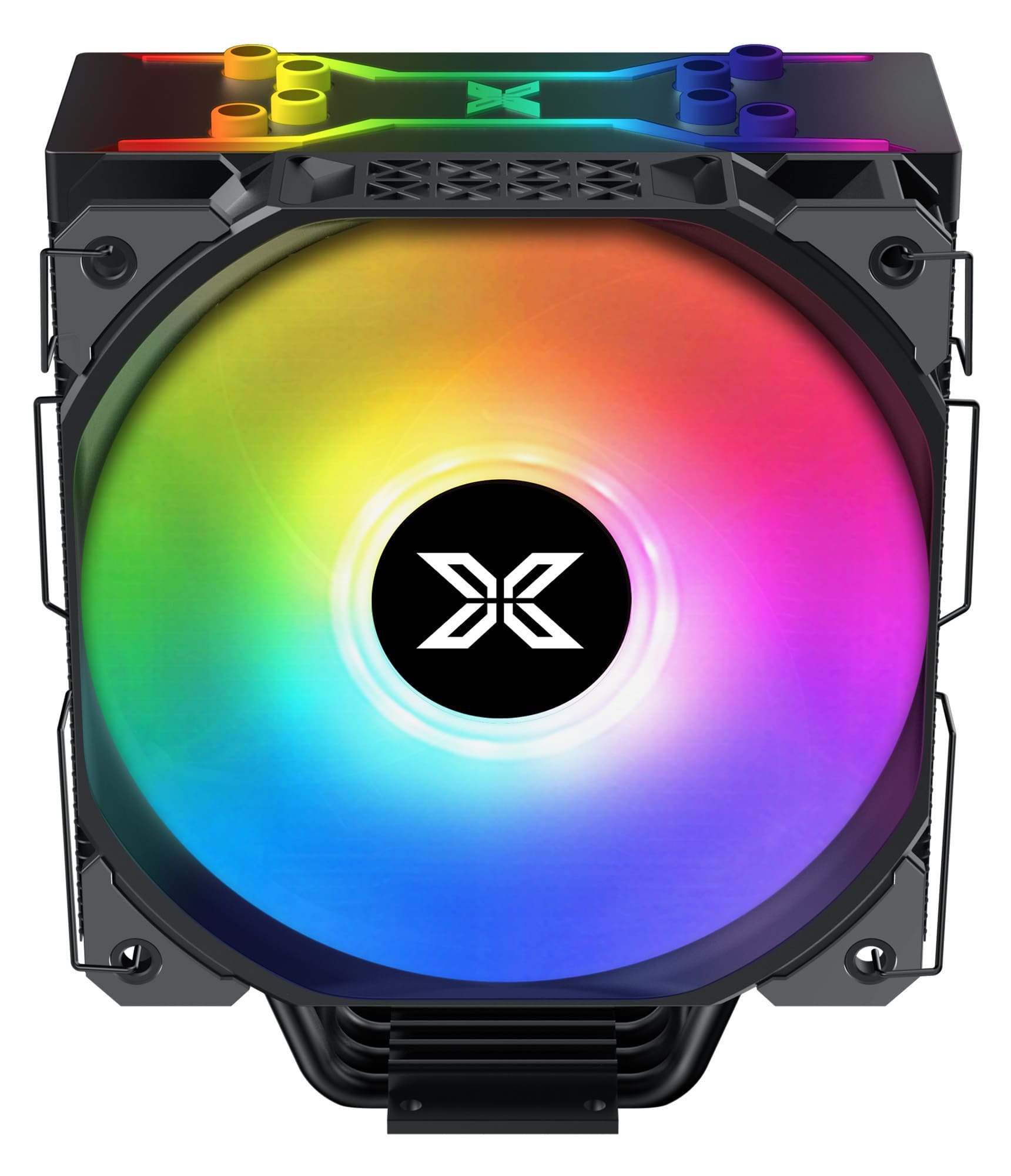 Schwarzer CPU-Kühler mit einem Lüfter, der einen Farbverlauf in Regenbogenfarben zeigt.