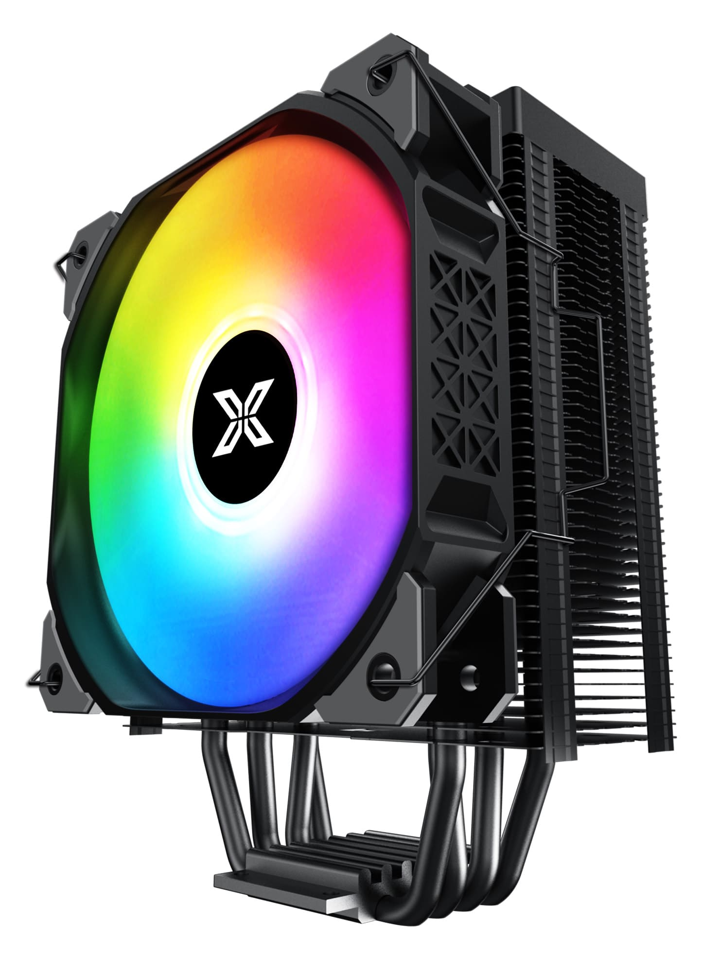 Computer-CPU-Kühler mit großem Lüfter, Kühlkörper und farbenfroher LED.