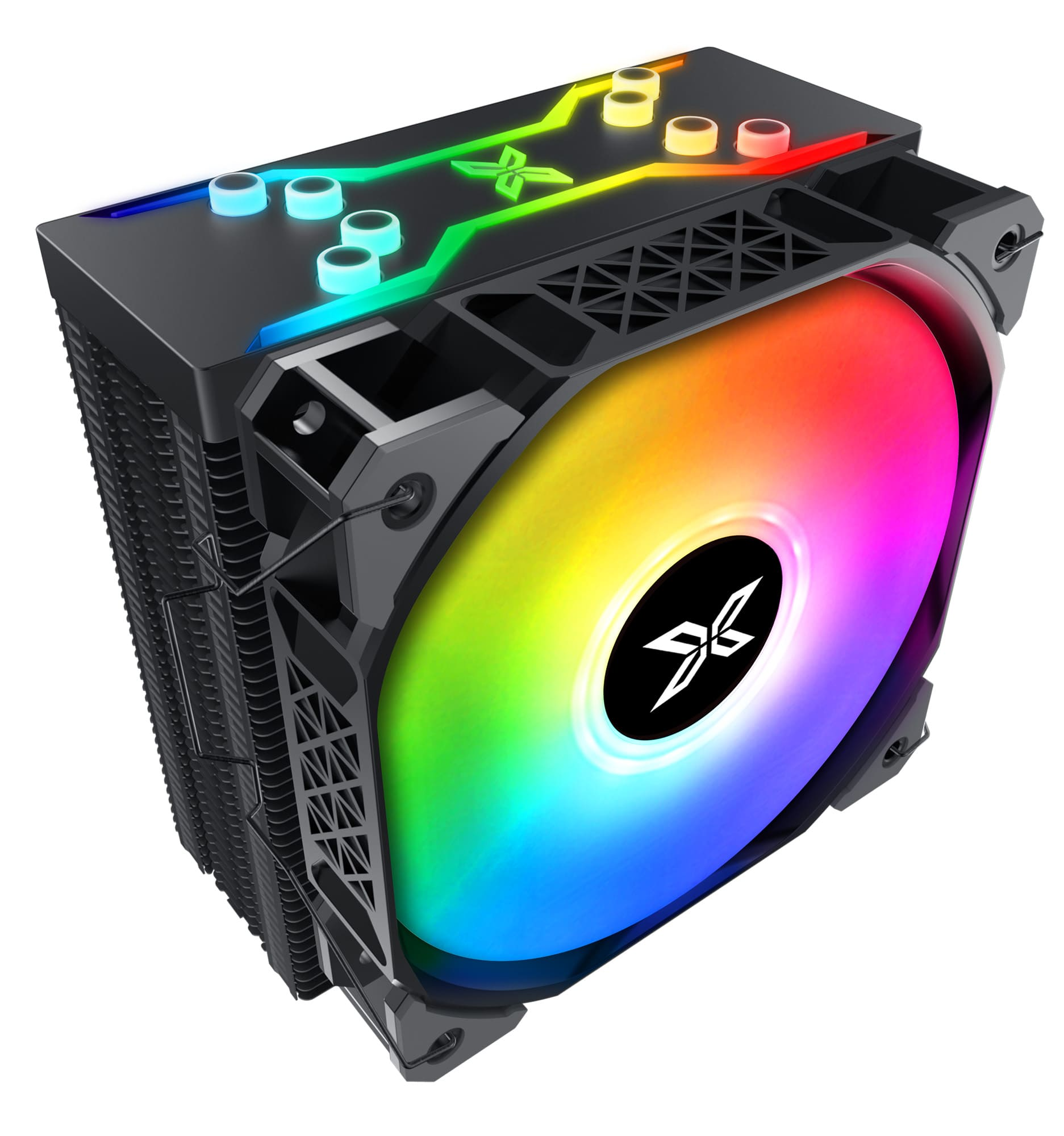 Ein schwarzer CPU-Kühler mit einem Lüfter, der einen Regenbogenverlauf hat.