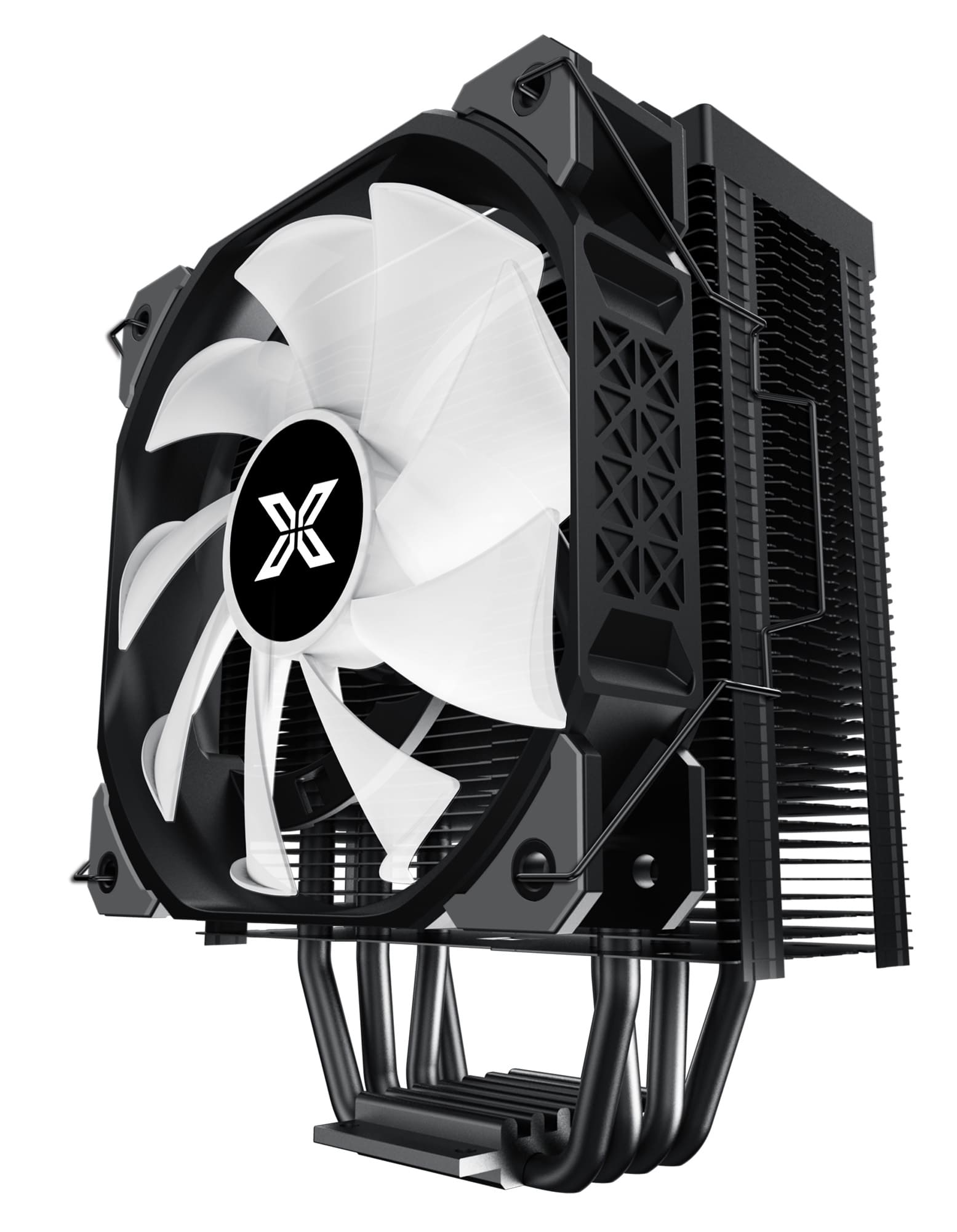 Schwarz-weißer CPU-Kühler mit Lüfter, Heatpipes und Lamellen, auf weißem Hintergrund.