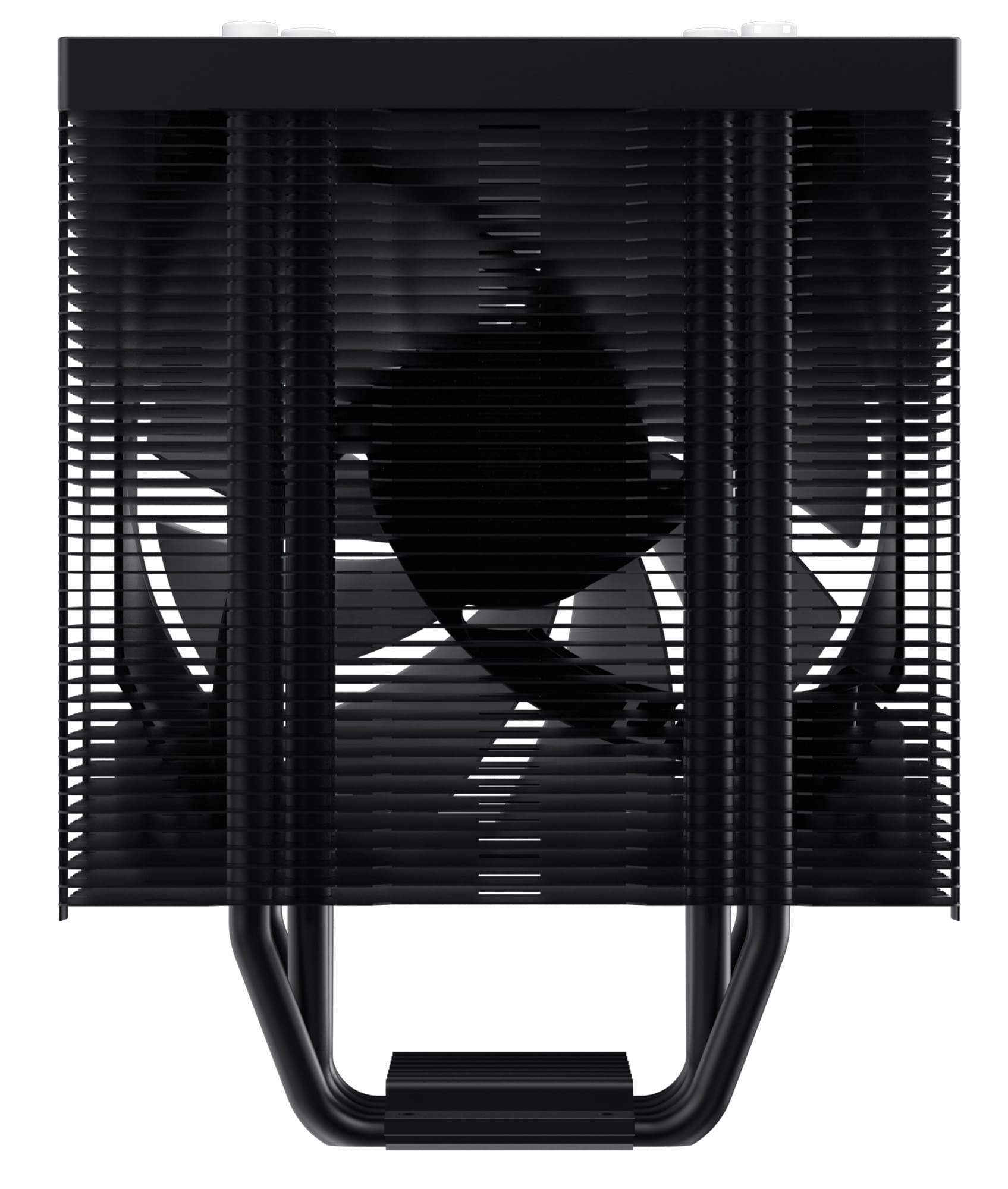 Ein schwarzer CPU-Kühler. Lüfterblätter sichtbar. Lamellen und Heatpipes. Quadratische Form.