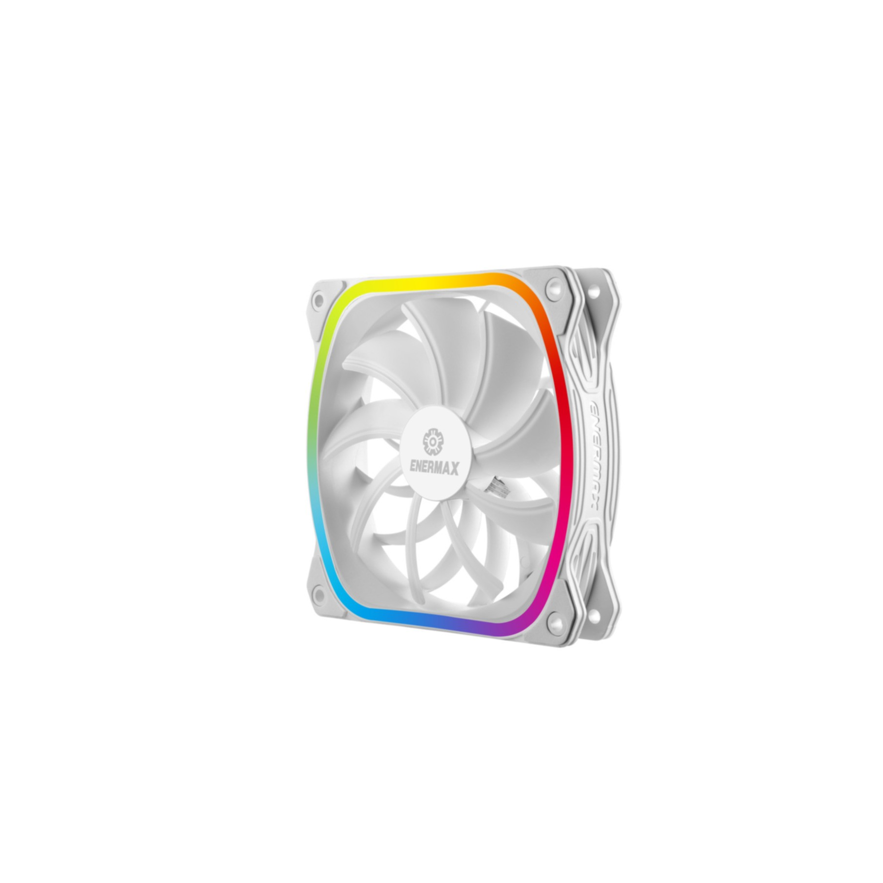 Weißer Computerlüfter mit farbigem LED-Ring, schräge Ansicht vor weißem Hintergrund.