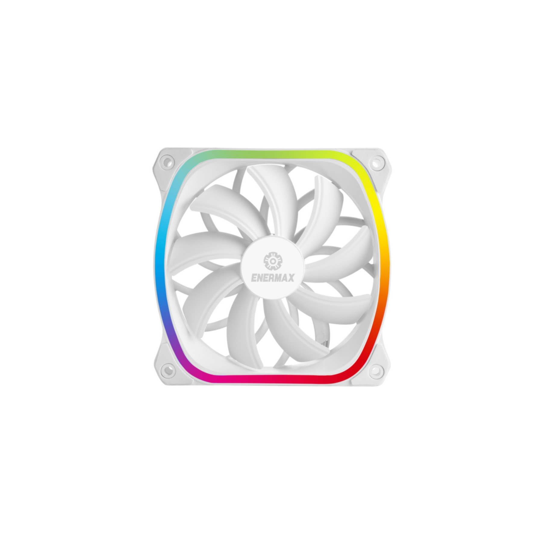 Weißer Computerlüfter mit Regenbogenrahmen. Der Lüfter hat gebogene Blätter und den Markennamen in der Mitte.