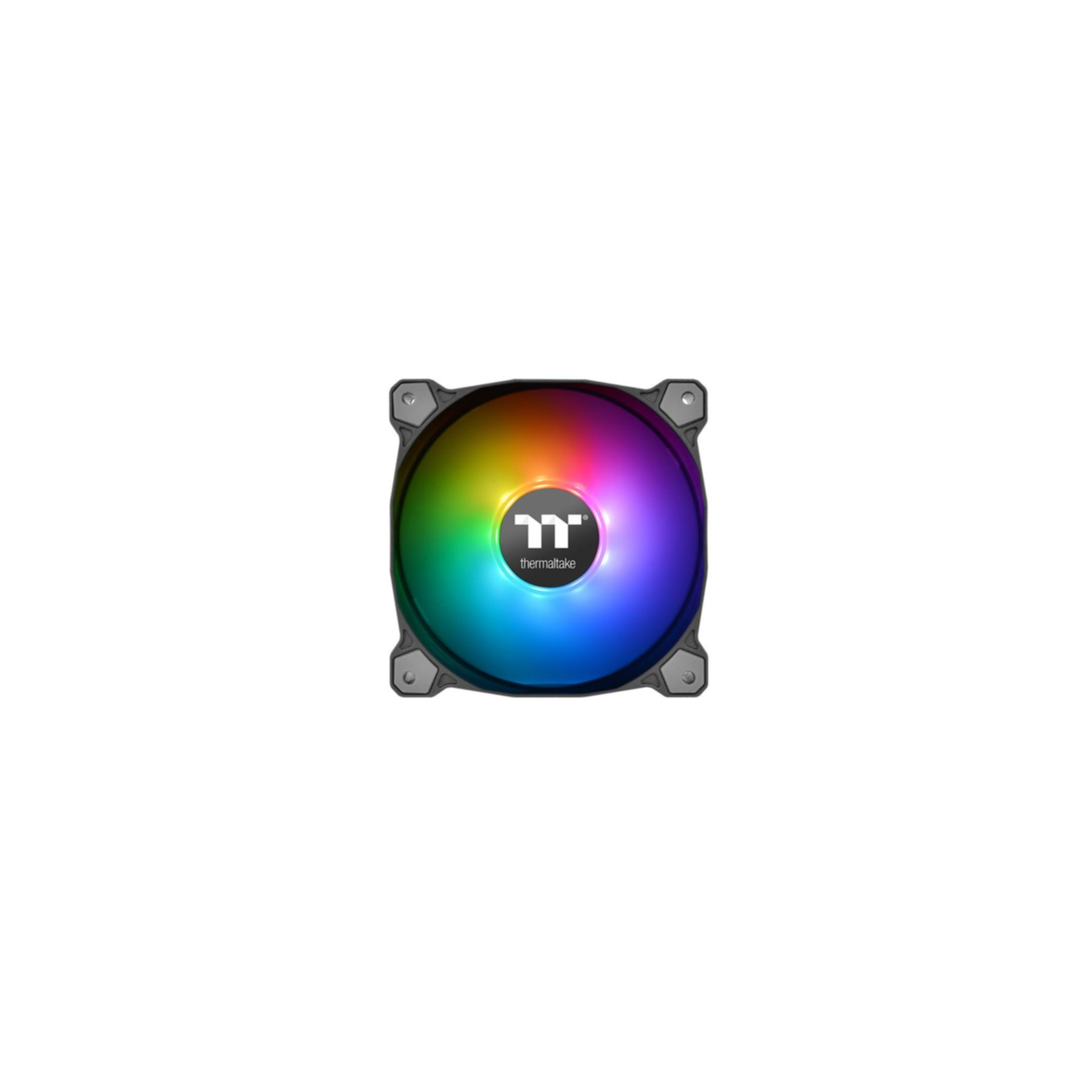 Ventola per computer con luci LED arcobaleno, sfondo bianco, logo Thermaltake visibile.
