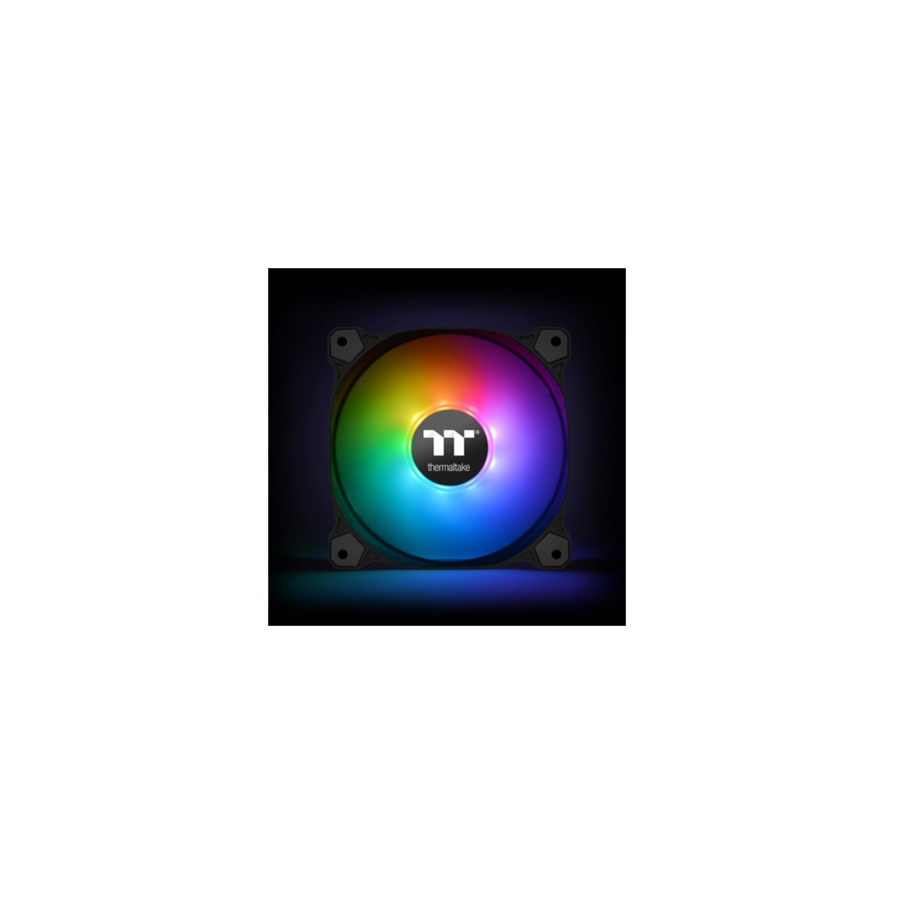 Una ventola con anello luminoso colorato su sfondo nero. Il logo "thermaltake" è visibile.