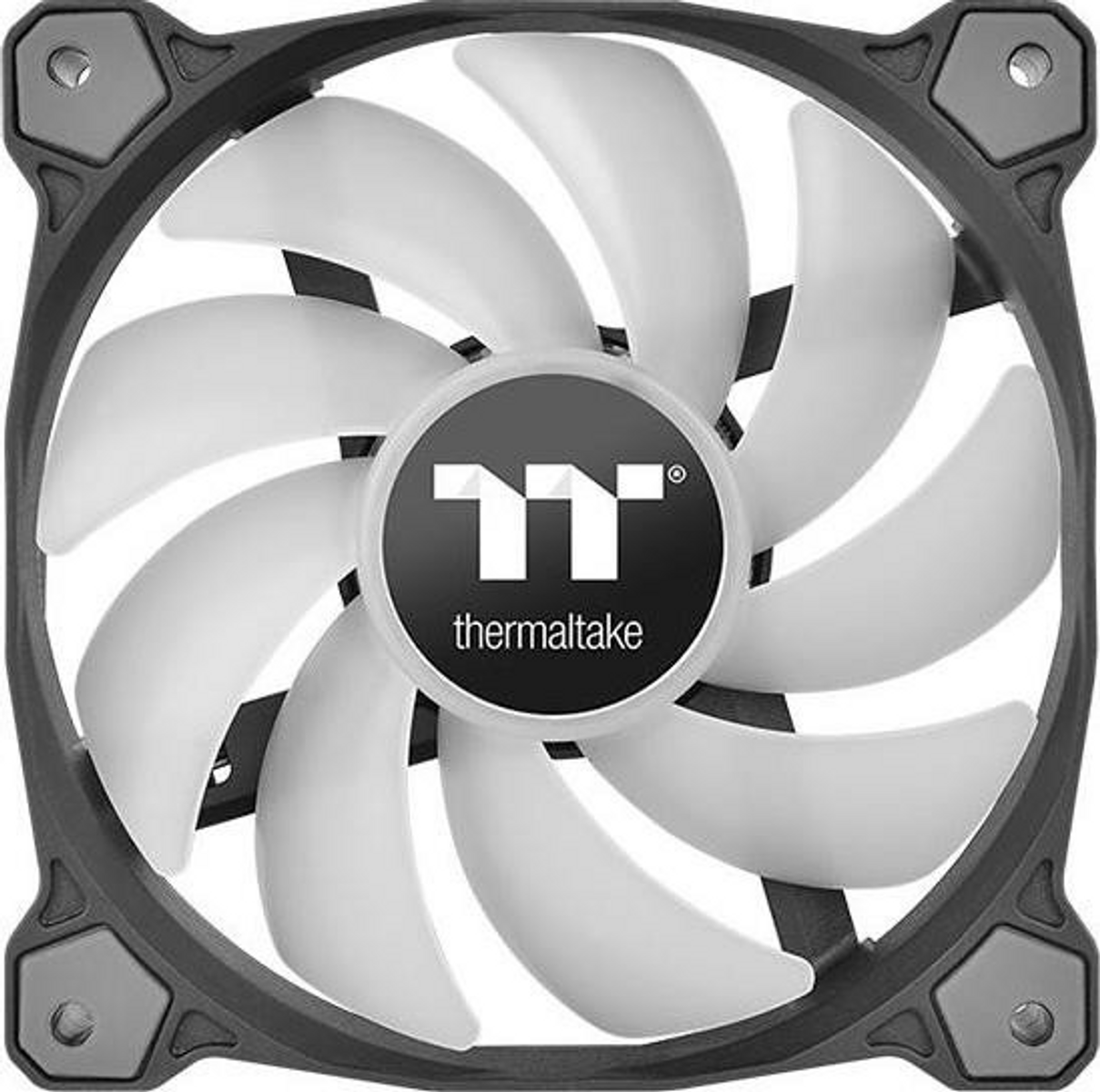 Una ventola per computer in bianco e nero con il logo Thermaltake al centro.