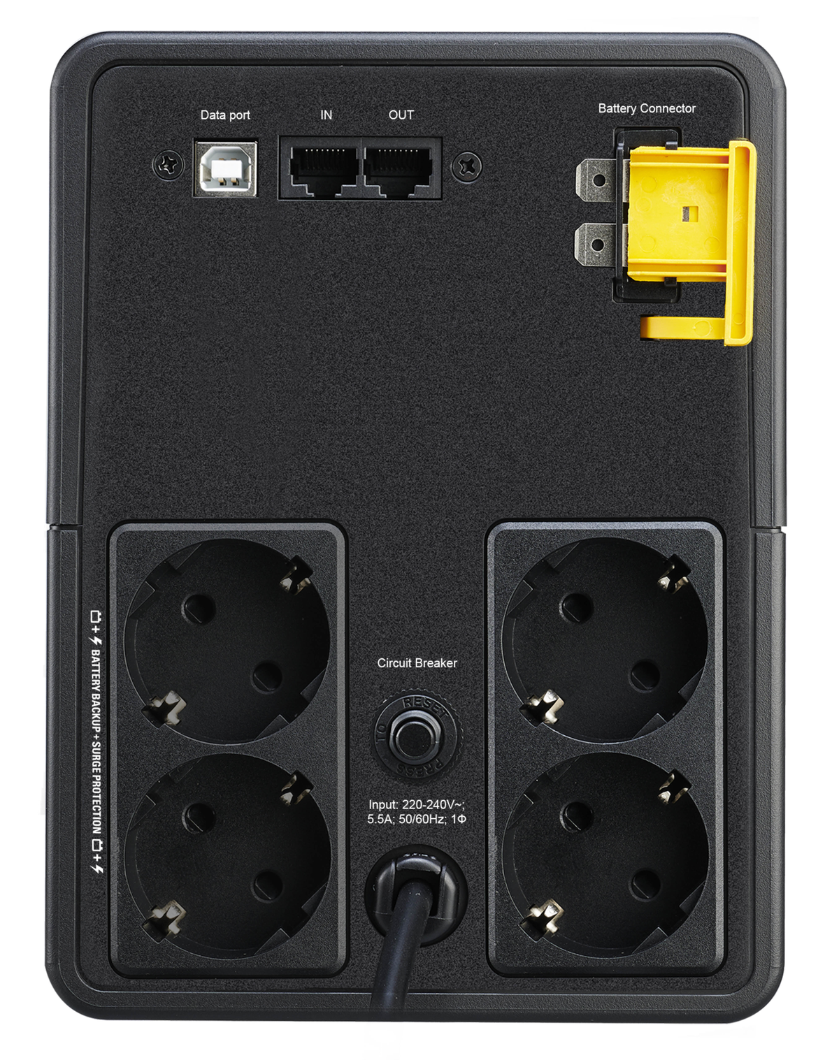 Rückseite eines schwarzen Netzteils. Hat mehrere Ausgänge, einen Leistungsschalter und einen Batterieanschluss.