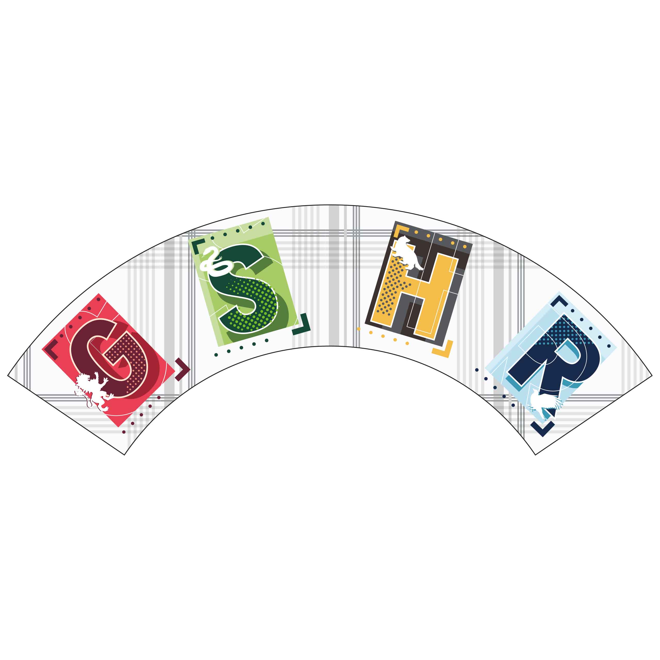 Vier Papierausschnitte in Bogenform angeordnet. Jeder hat einen Buchstaben: G, S, H, R. Karierter Hintergrund.