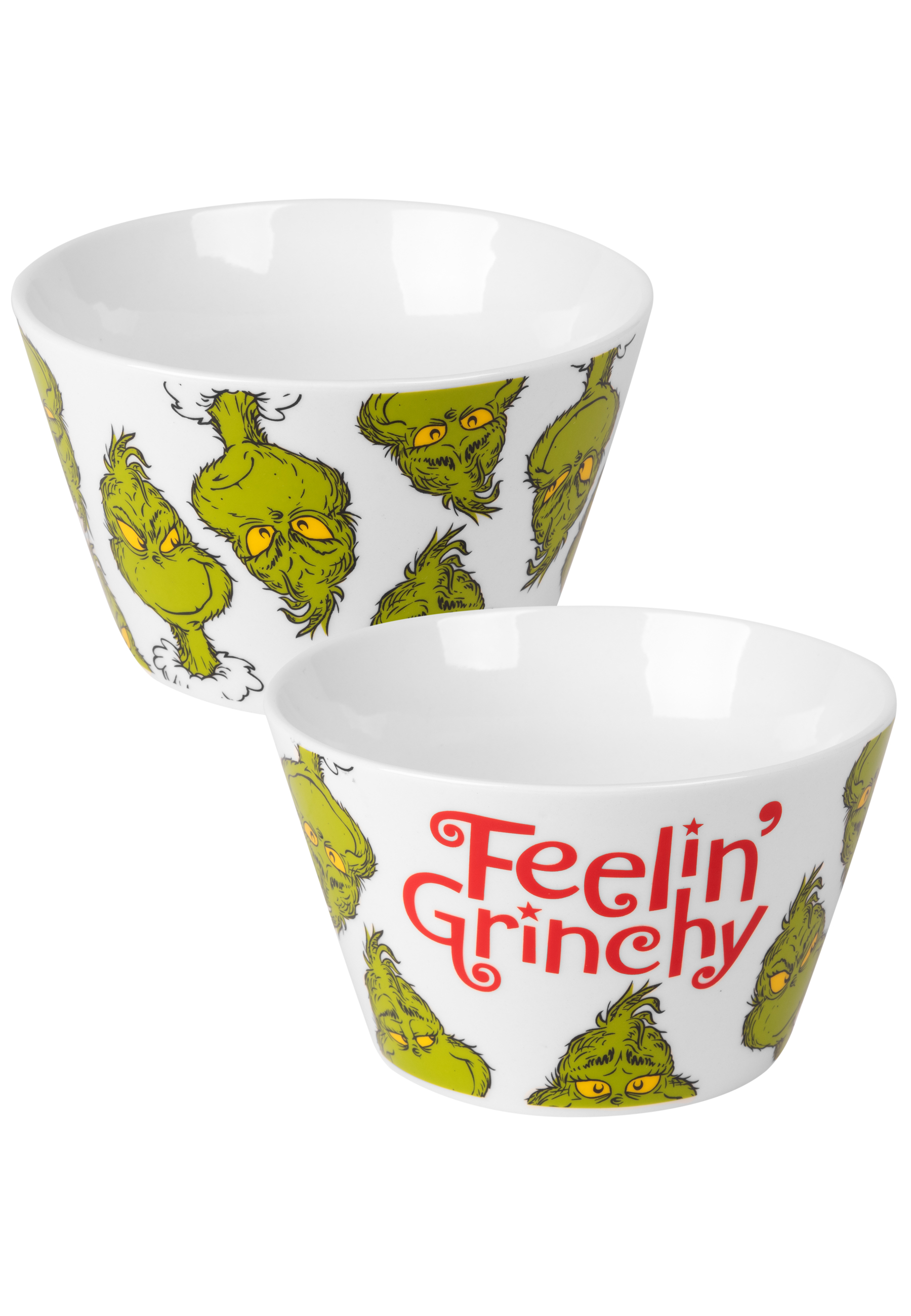 Zwei weiße Schalen mit Grinch-Gesichtern. Eine Schale trägt die Aufschrift "Feelin' Grinchy".