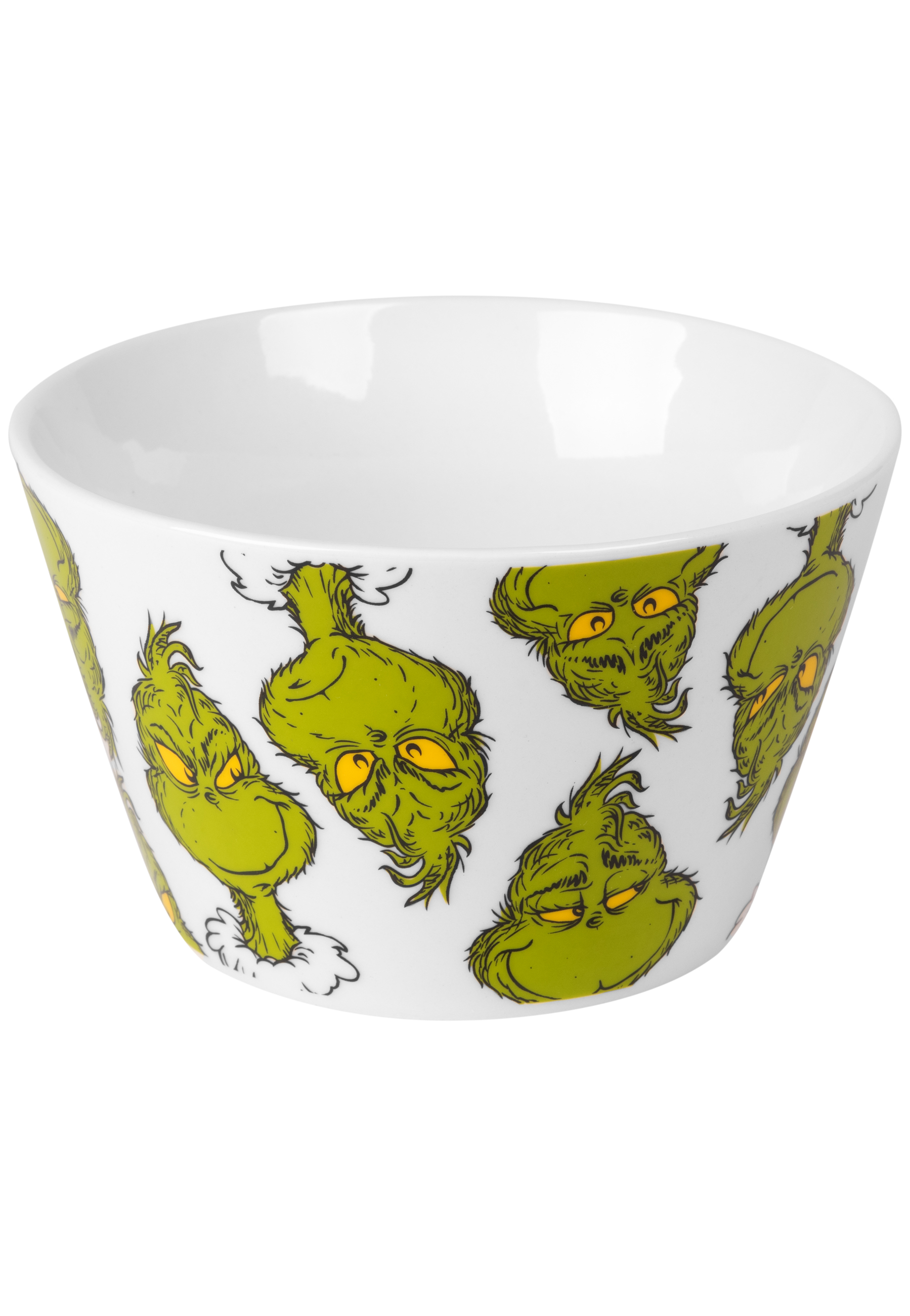 Weiße Schüssel mit Grinch-Gesichtern. Grüne, cartoonartige Charaktere. Schüssel ist breit und abgewinkelt.