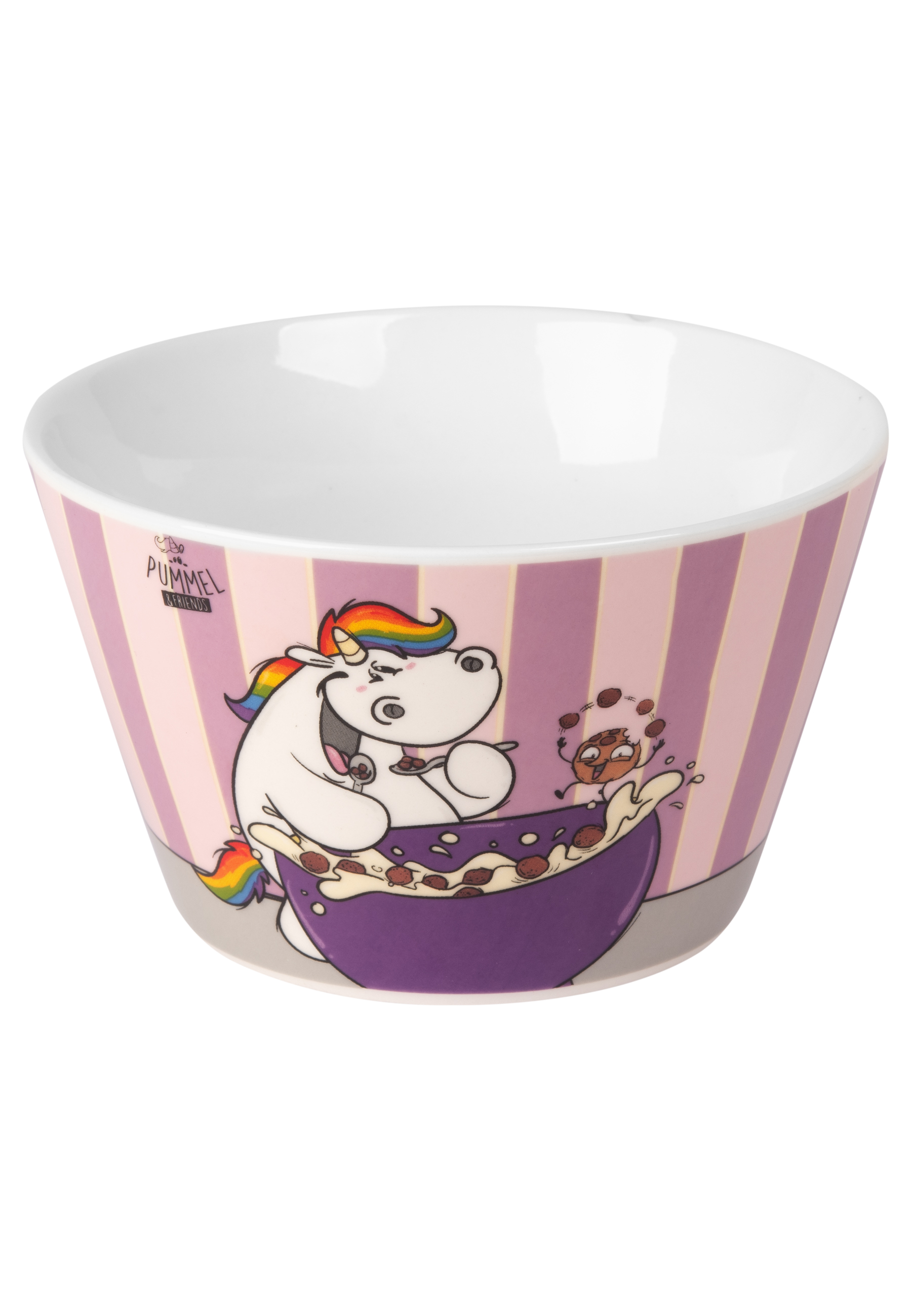 Eine Einhorn-Schüssel mit einem Cartoon-Einhorn und Müsli.