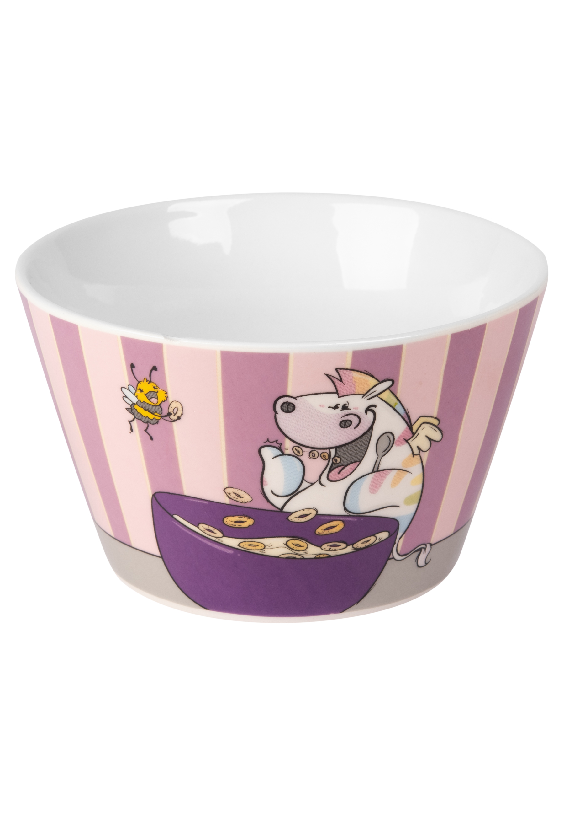Eine rosa und weiß gestreifte Schüssel mit einem Cartoon-Einhorn, Müsli und einer fliegenden Biene.
