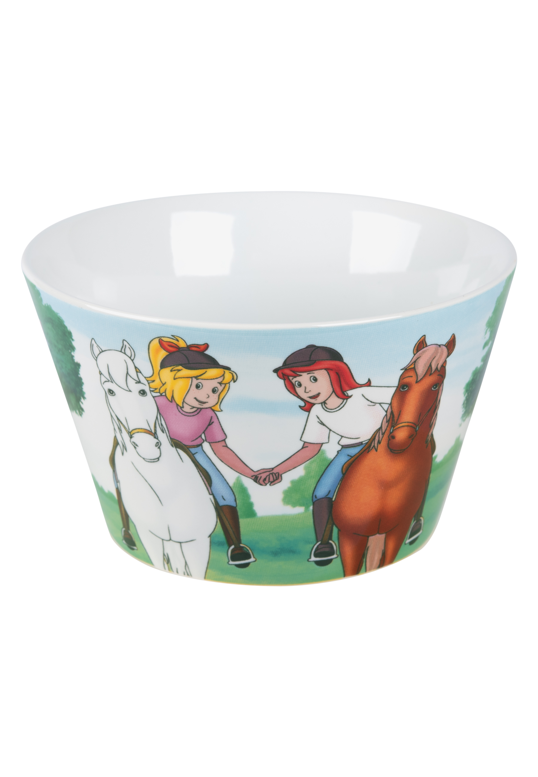 Eine Schüssel mit zwei Mädchen auf Pferden, die sich an den Händen halten. Ein weißes Pferd und ein braunes Pferd.