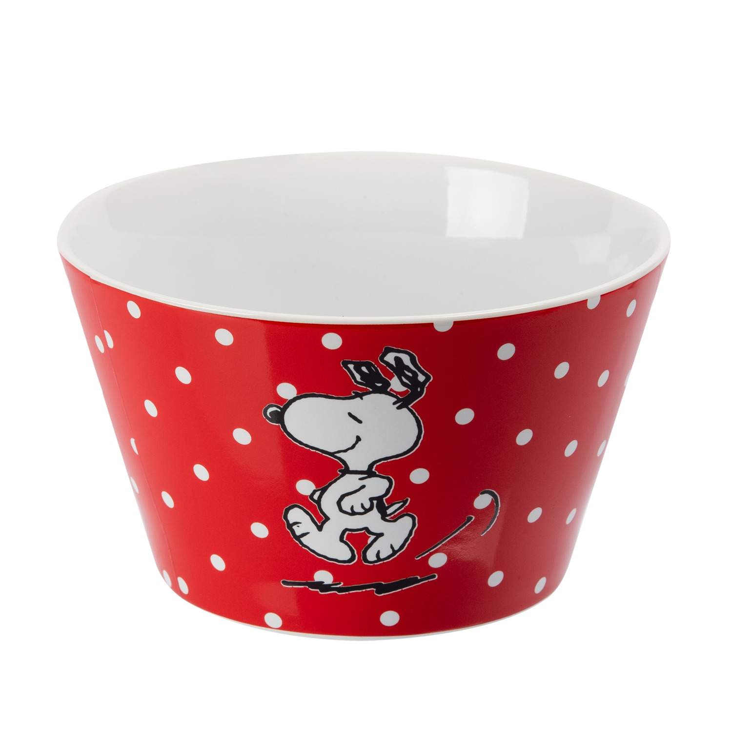 Eine rote Schüssel mit weißen Tupfen und einer Snoopy-Cartoonfigur darauf.
