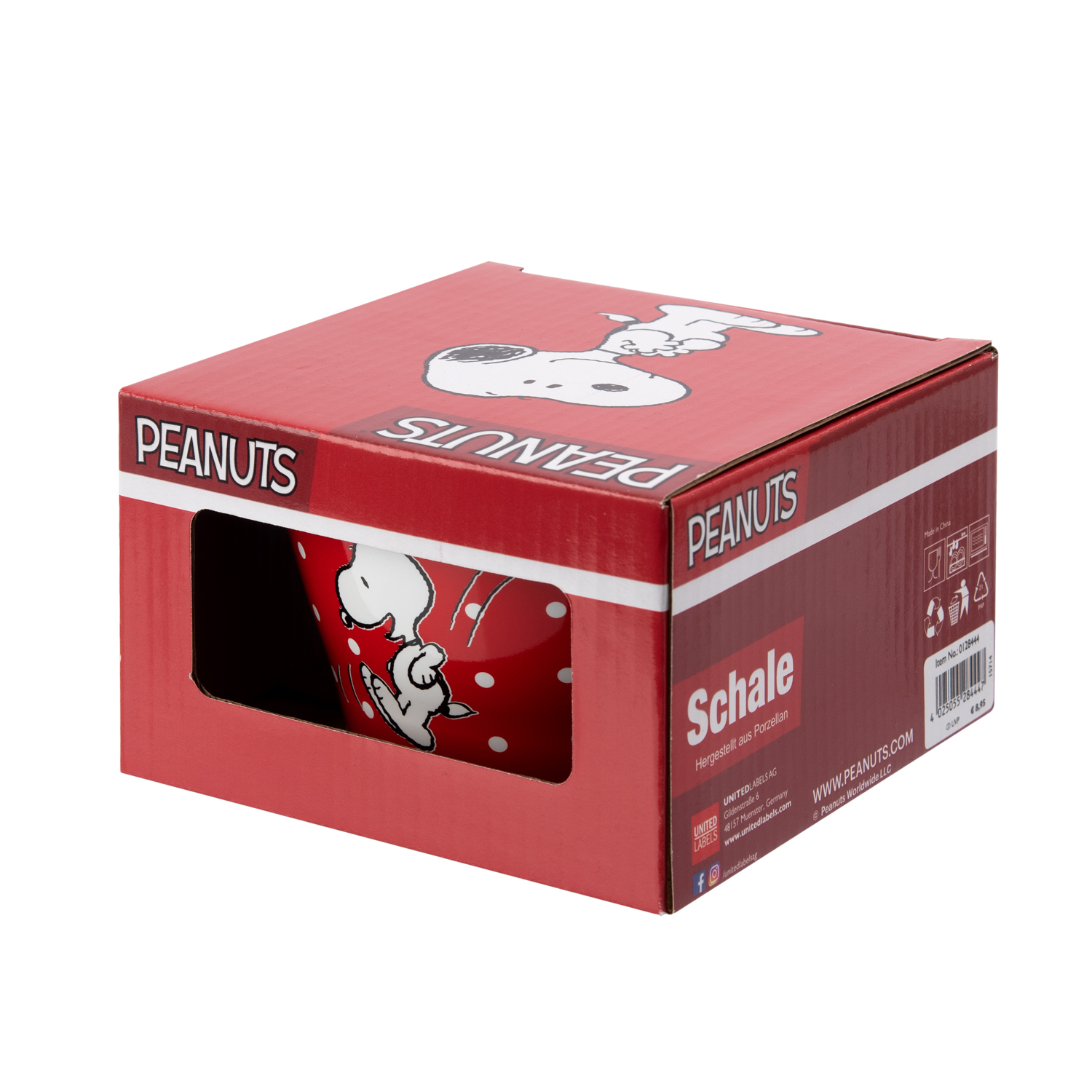 Eine rote Schachtel mit einer Snoopy-Tasse darin. Die Schachtel ist mit "PEANUTS" und "Snoopy" bedruckt.