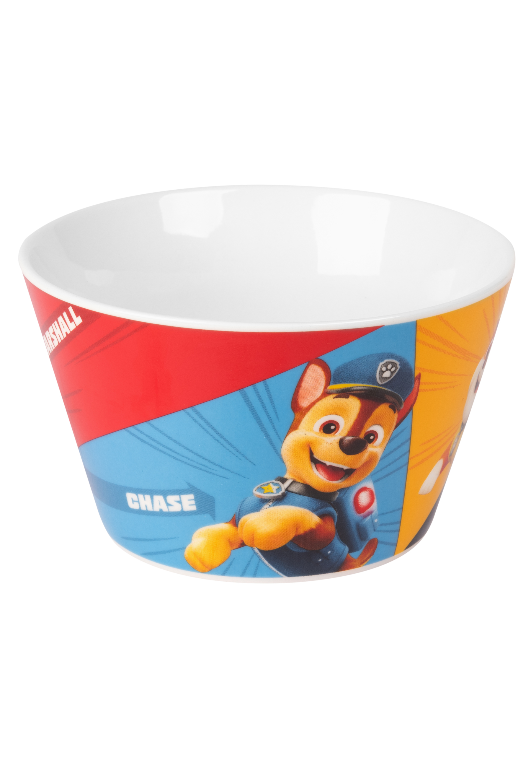 Eine Kinderschüssel mit Paw Patrol-Figuren. Chase ist vorne abgebildet, Marshall an der Seite.