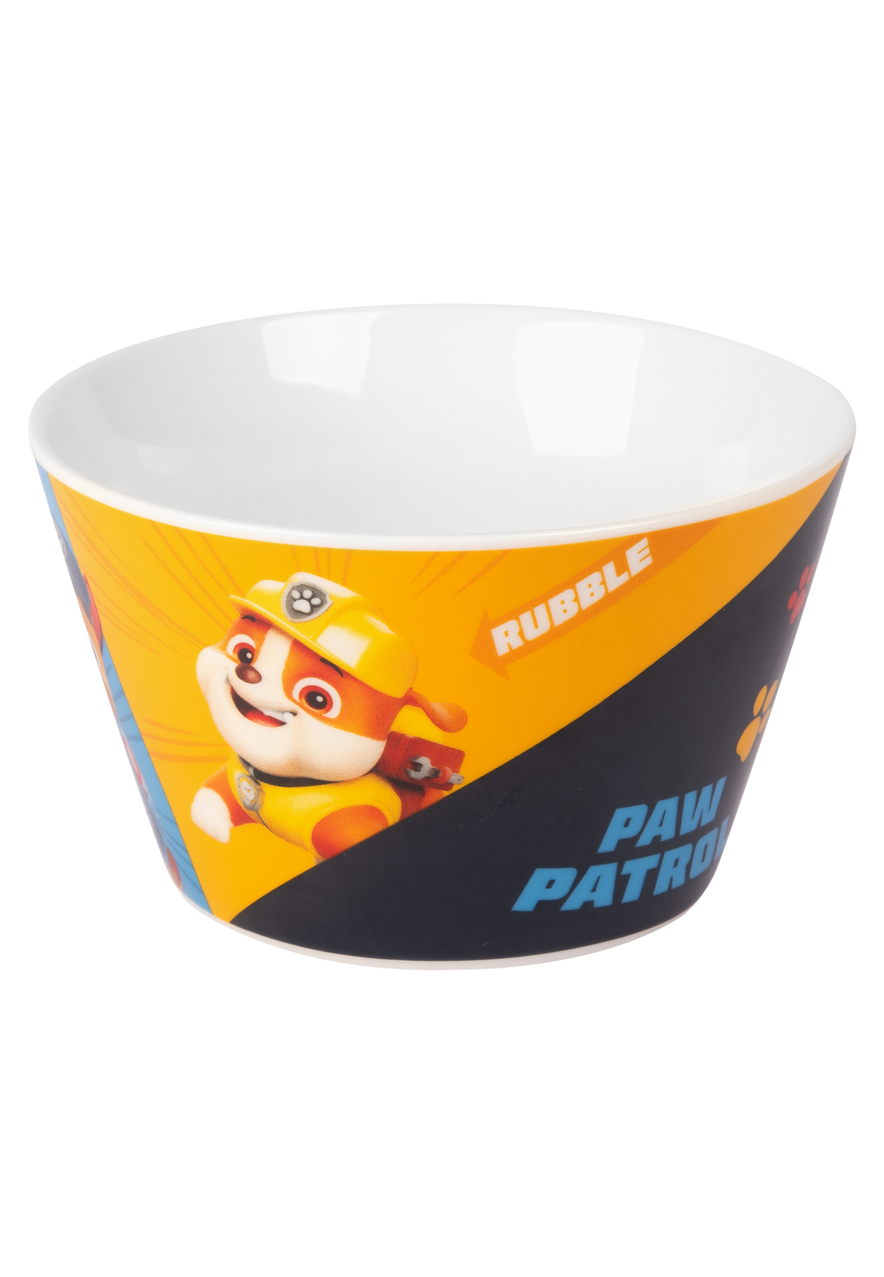 Eine Schüssel mit Paw Patrol-Motiv, mit einer Figur darauf und gelbem Hintergrund.