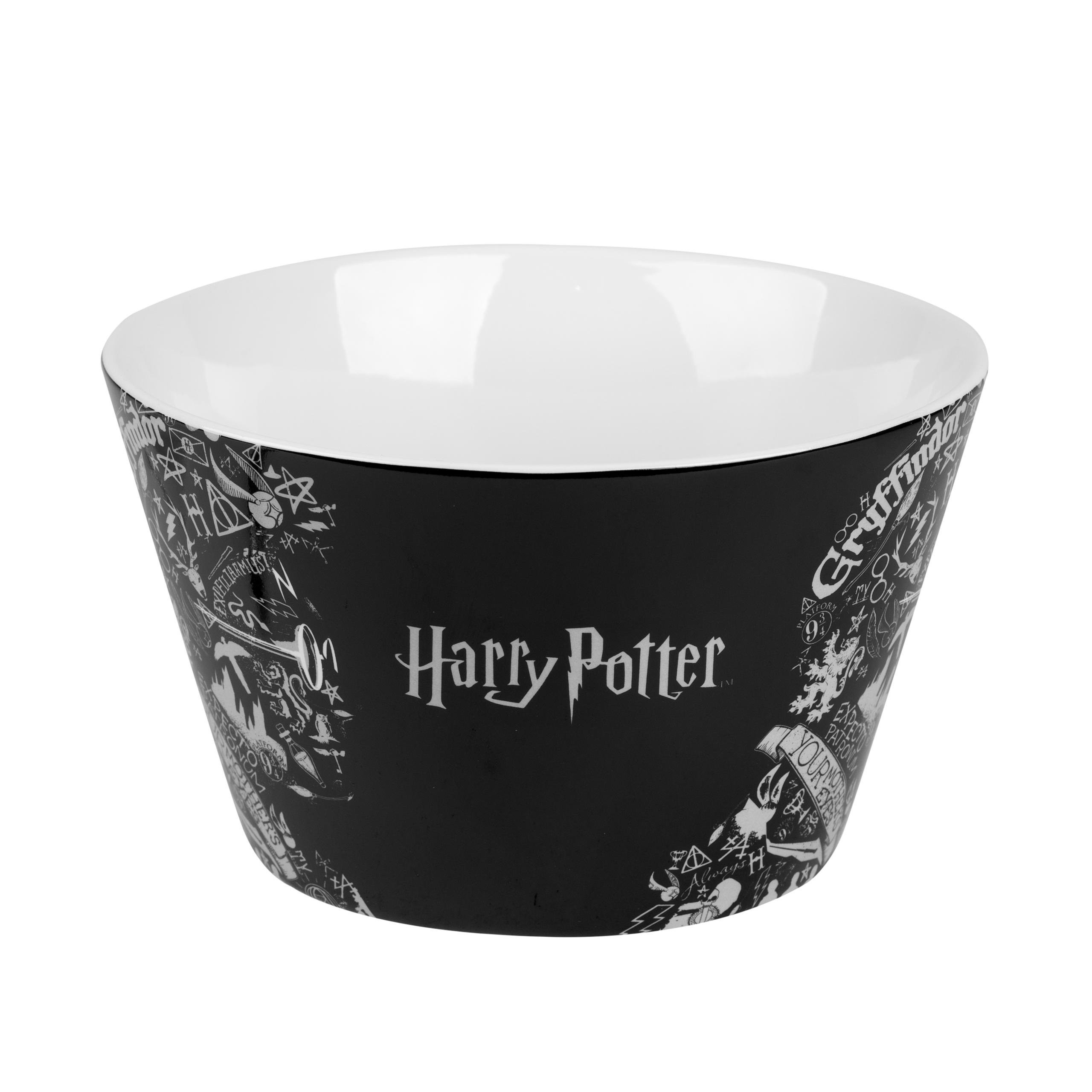 Eine schwarze Schüssel mit Harry Potter-Design und weißem Innenraum.