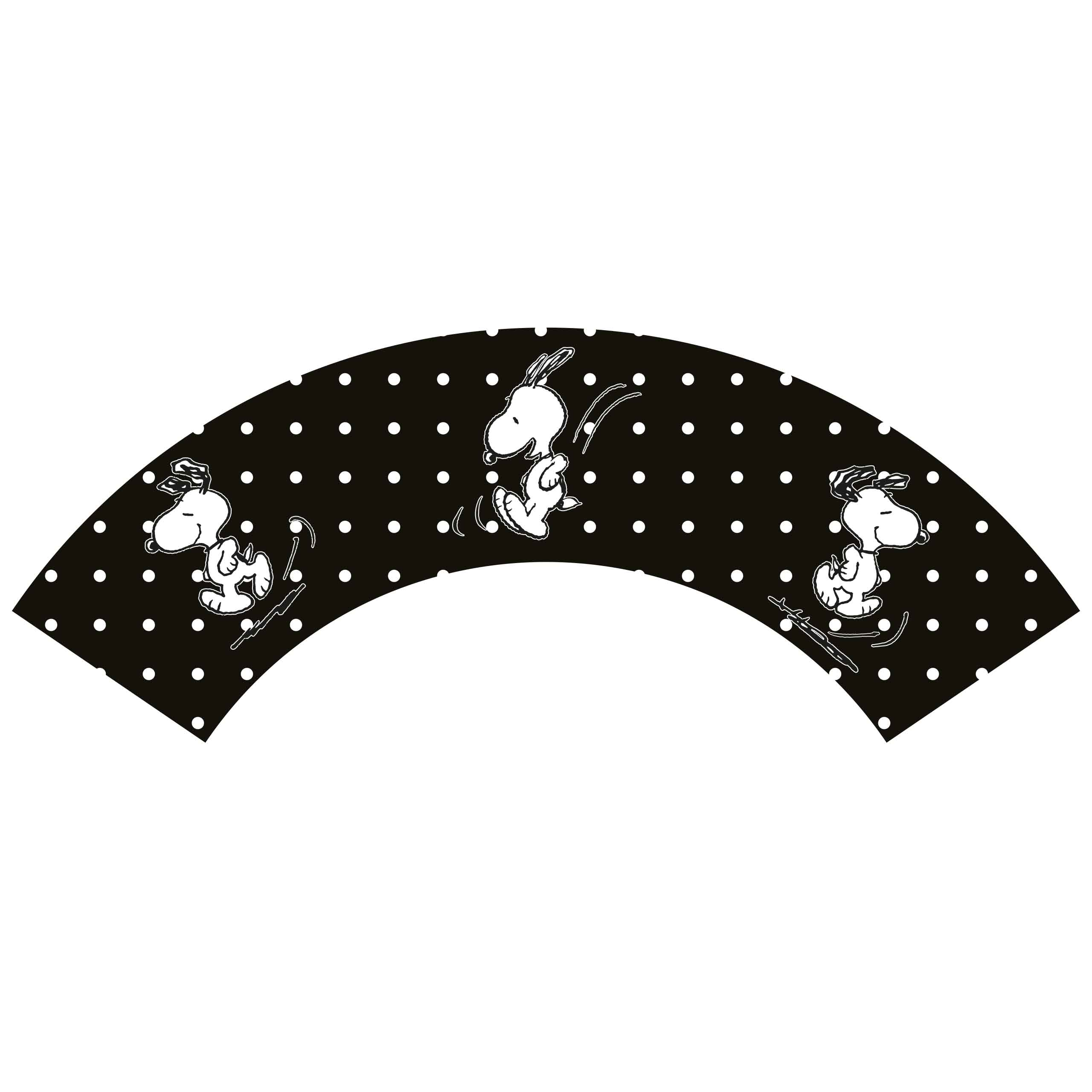 Schwarzes und weißes Snoopy-Design für eine Cupcake-Hülle, mit Ski fahrendem Snoopy.