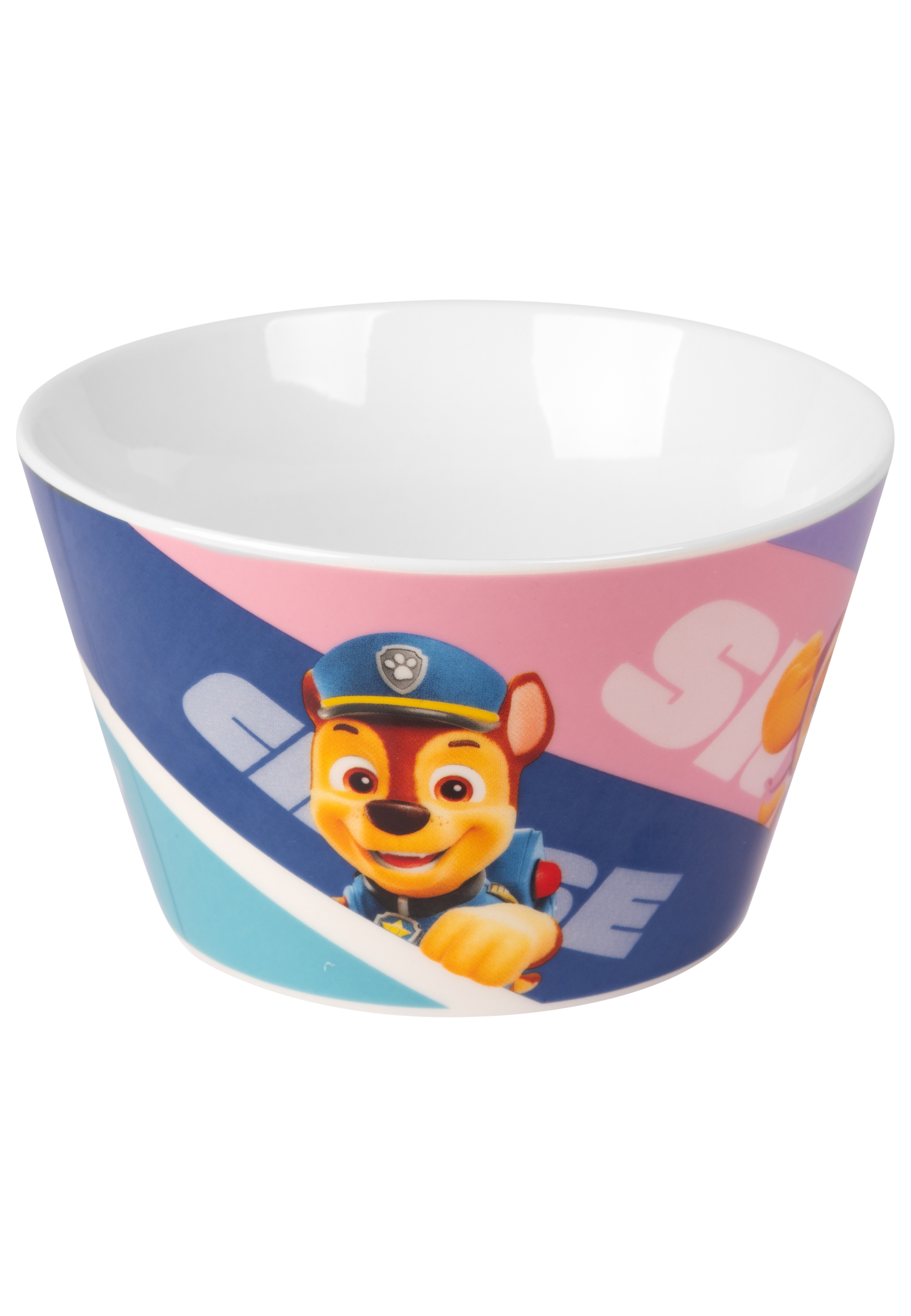Kinderschüssel mit Paw Patrol-Figur. Innen weiß, außen blau und rosa.