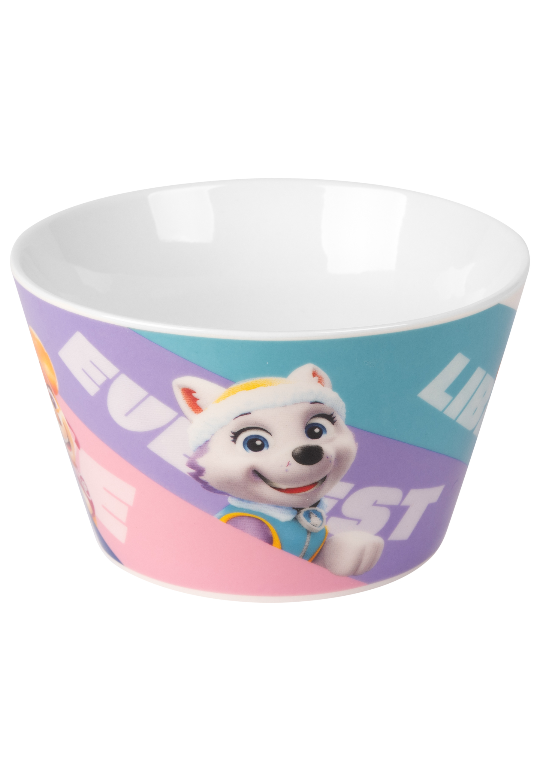 Paw Patrol Schüssel mit Everest Figur, bunt, weißer Hintergrund.