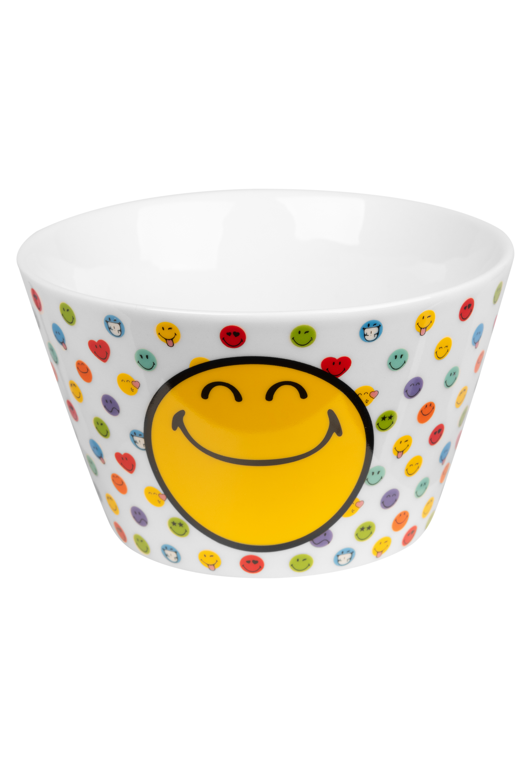 Weiße Schüssel mit Smiley-Gesichtern und bunten Punkten.