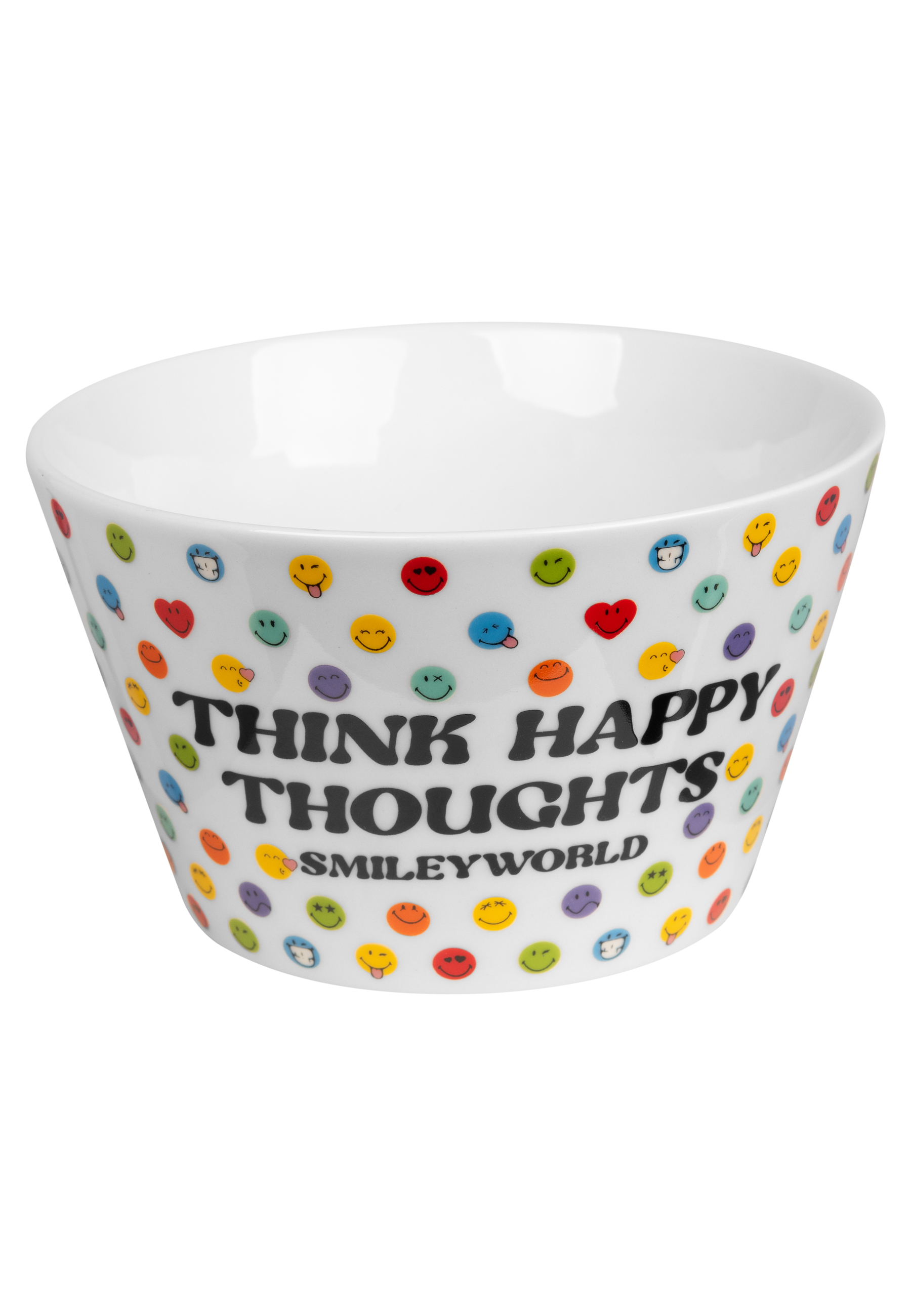 Weiße Schüssel mit fröhlichen Gesichtern und Text 'THINK HAPPY THOUGHTS SMILEYWORLD' auf weißem Hintergrund.