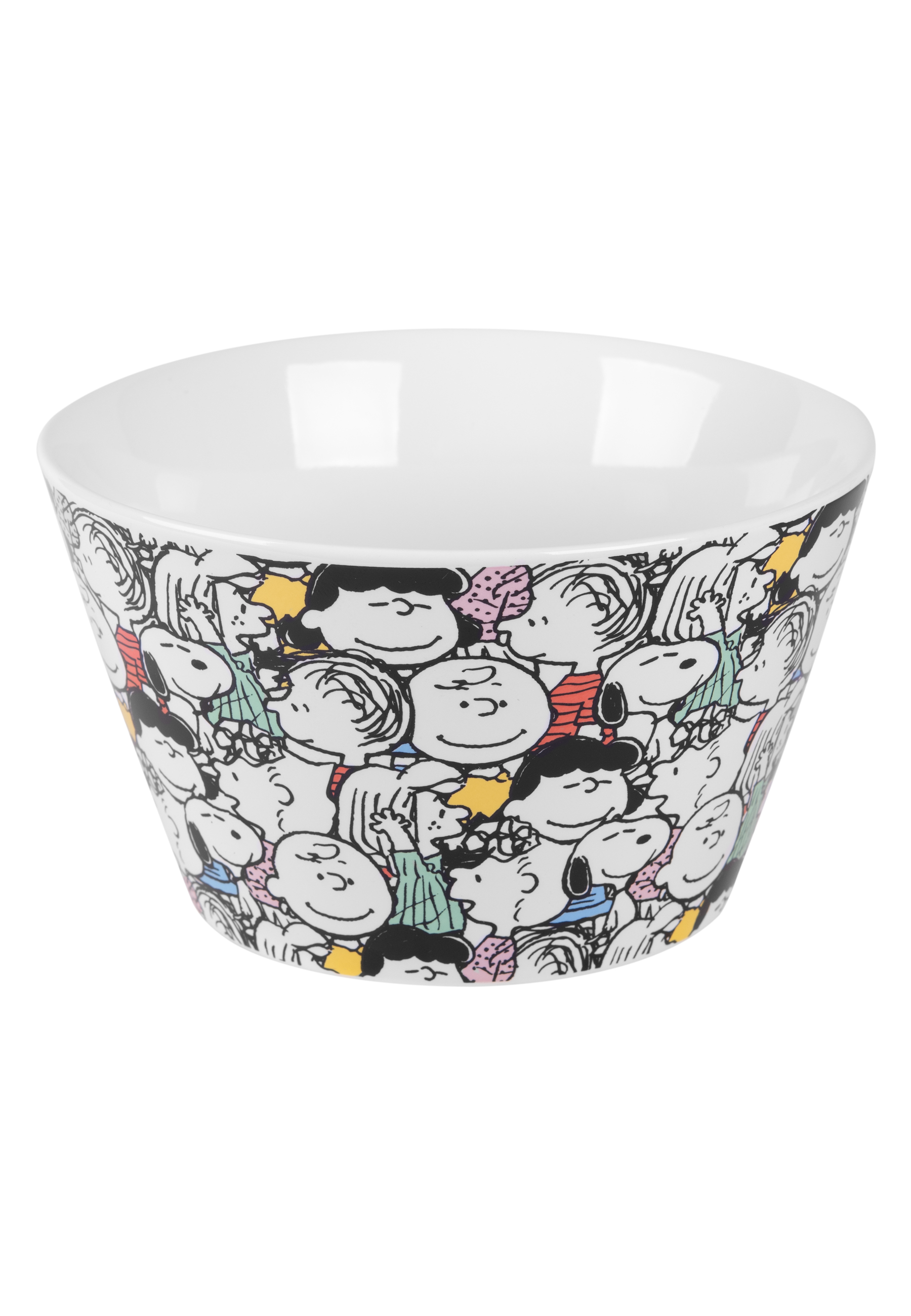 Eine weiße Schüssel mit einer Cartoon-Illustration von Snoopy und Freunden.