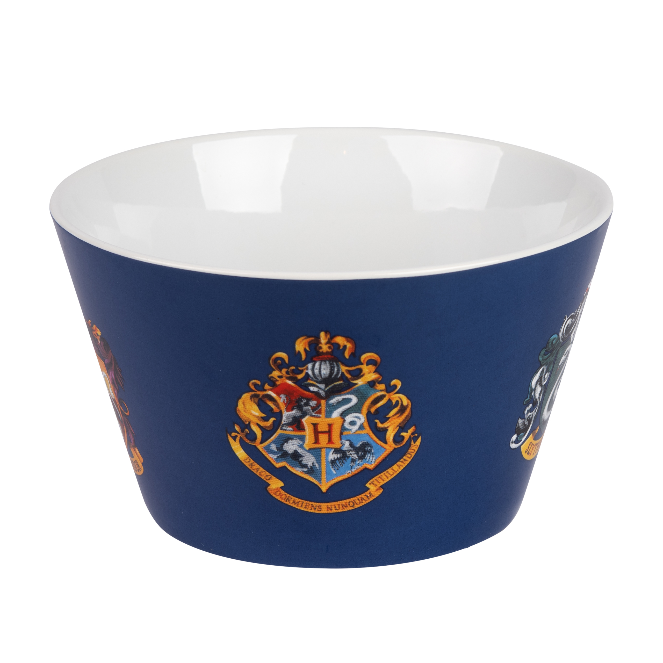 Eine blaue Schüssel mit weißem Innenraum und Harry Potter Wappen auf der Außenseite.