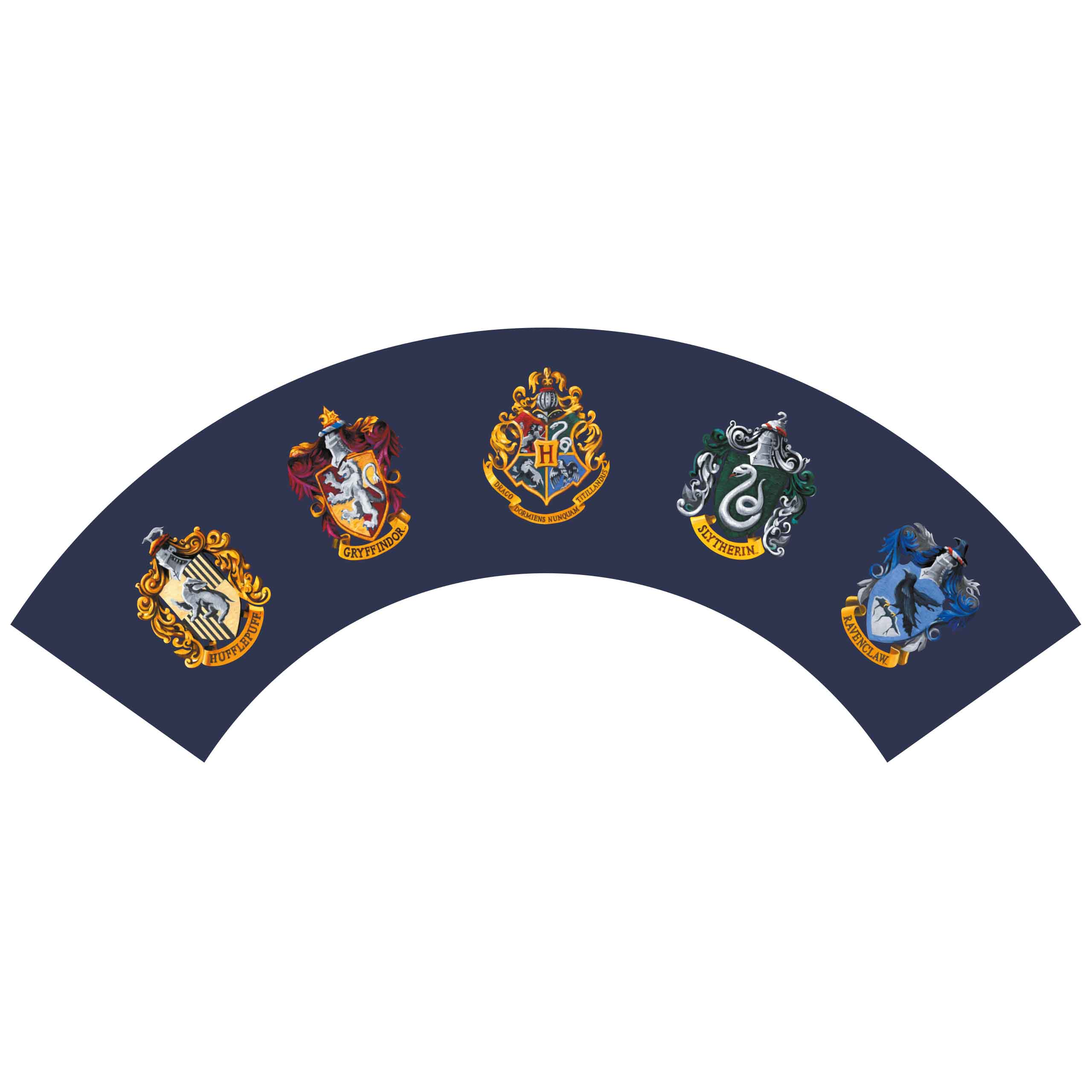 Gebogenes Banner mit den Wappen der Hogwarts-Häuser: Gryffindor, Hufflepuff, Slytherin, Ravenclaw.