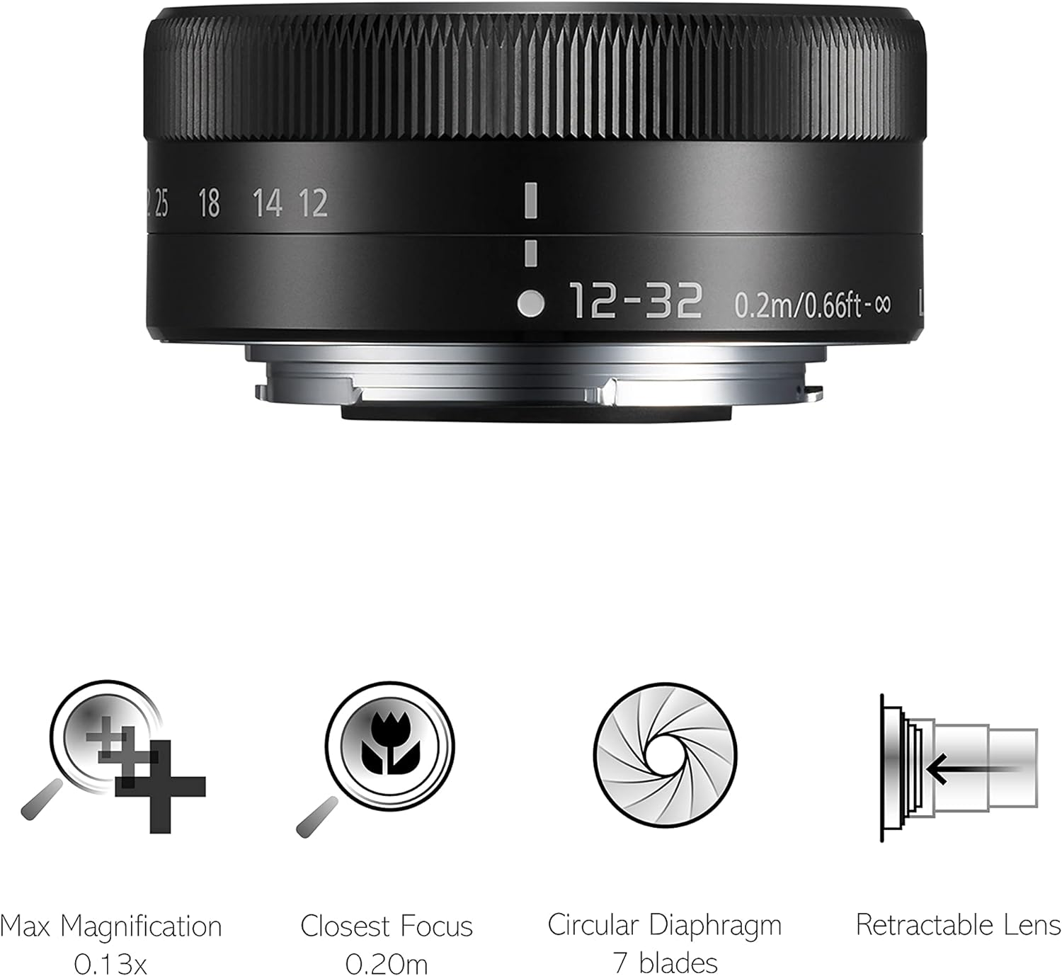 Czarny obiektyw z pierścieniami ostrości i oznaczeniami. Obiektyw ma metalowy bagnet.