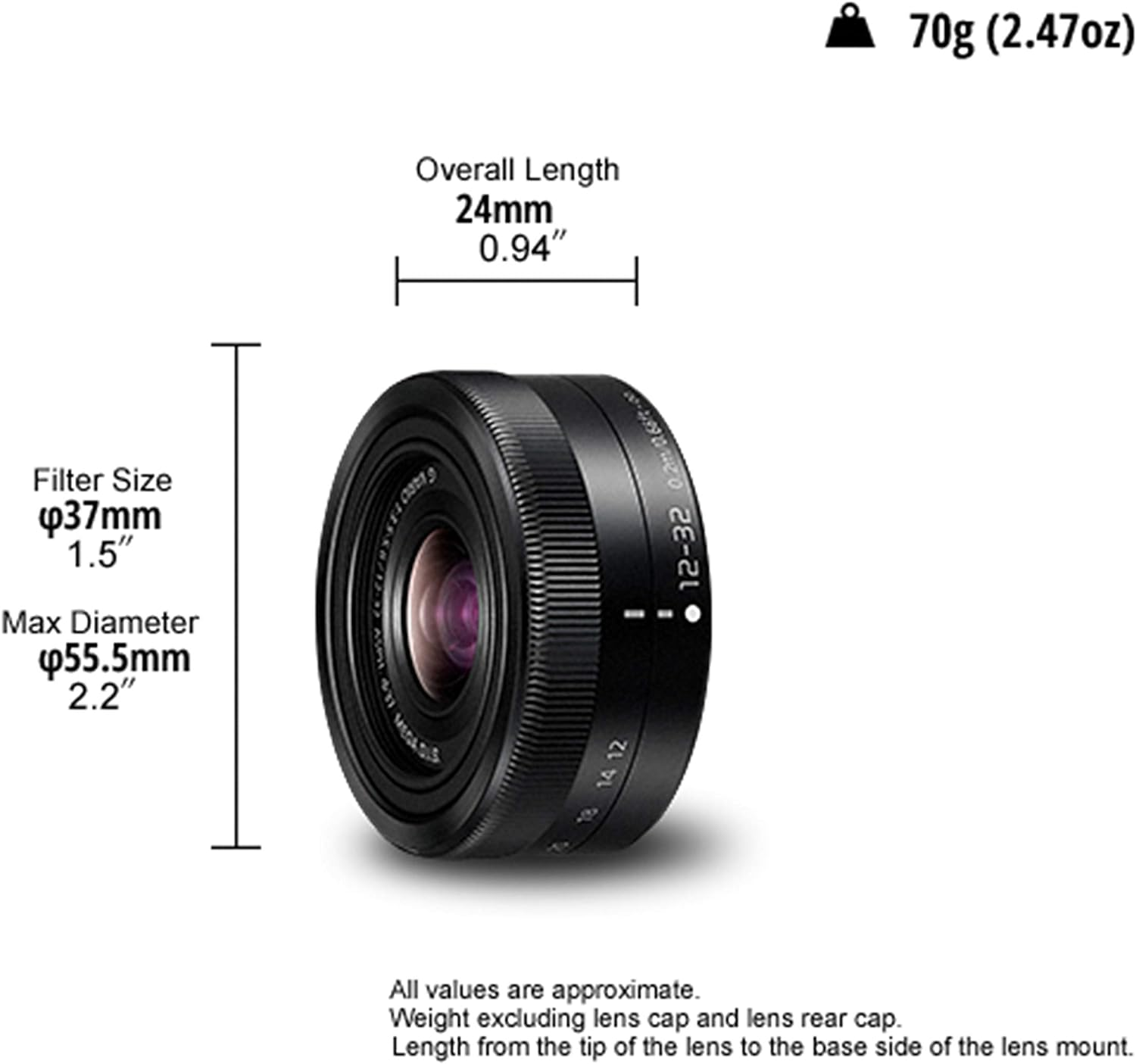 Obiektyw aparatu z pomiarami. Czarny obiektyw ze srebrnym pierścieniem i numerami. Wymiary są pokazane.