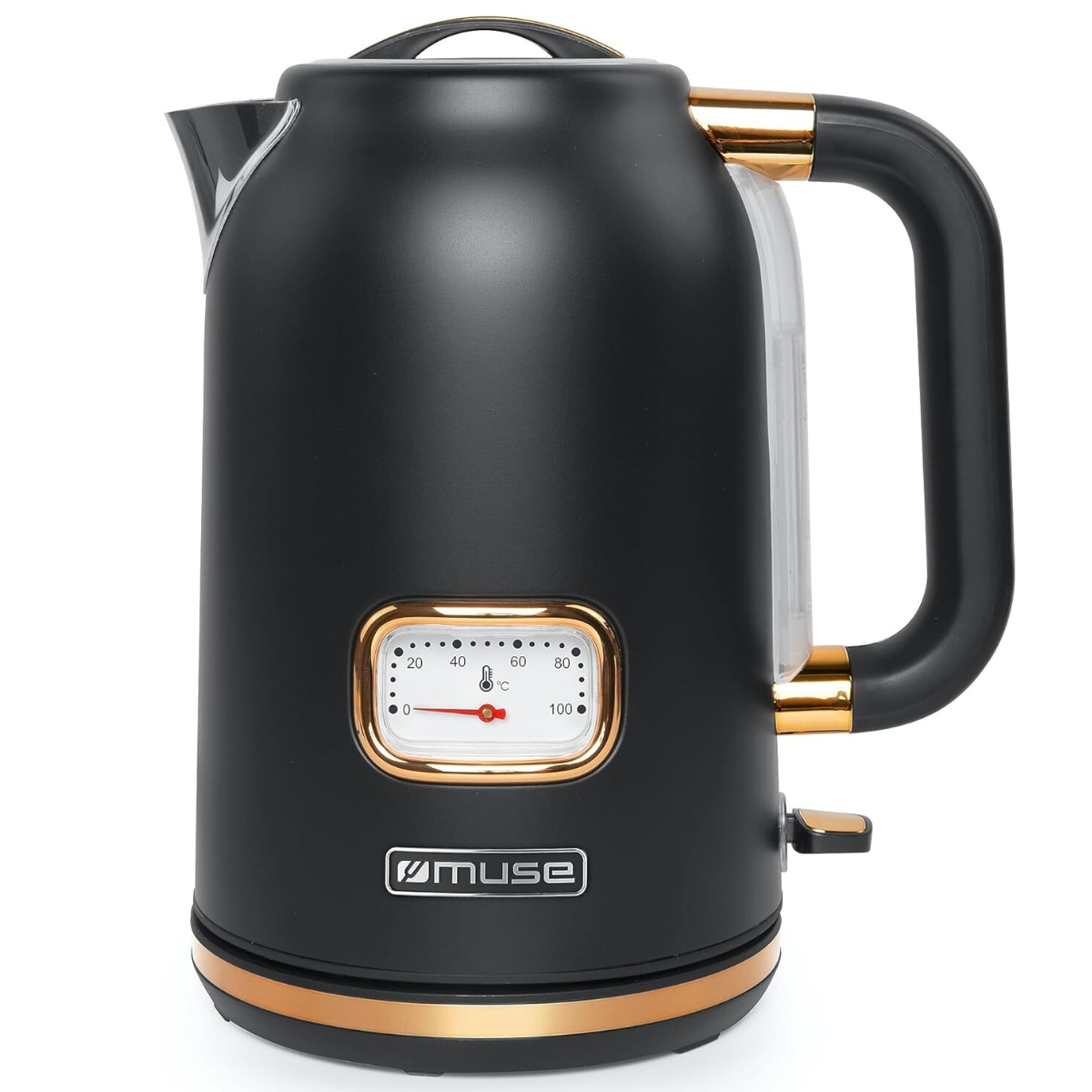 Czarny i złoty czajnik elektryczny Muse ze wskaźnikiem temperatury i uchwytem.